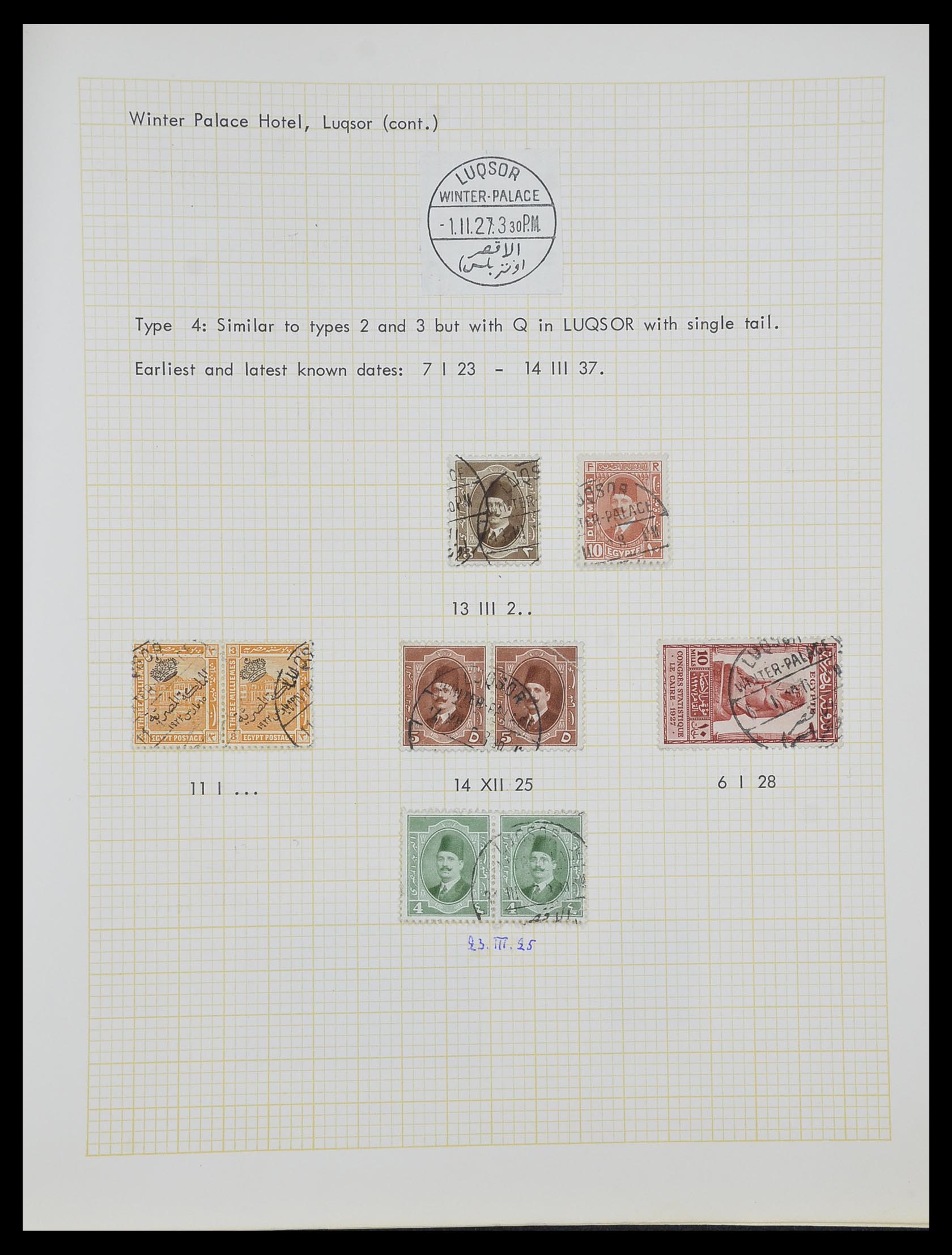 33994 035 - Postzegelverzameling 33994 Egypte hotel stempels 1900-1935.