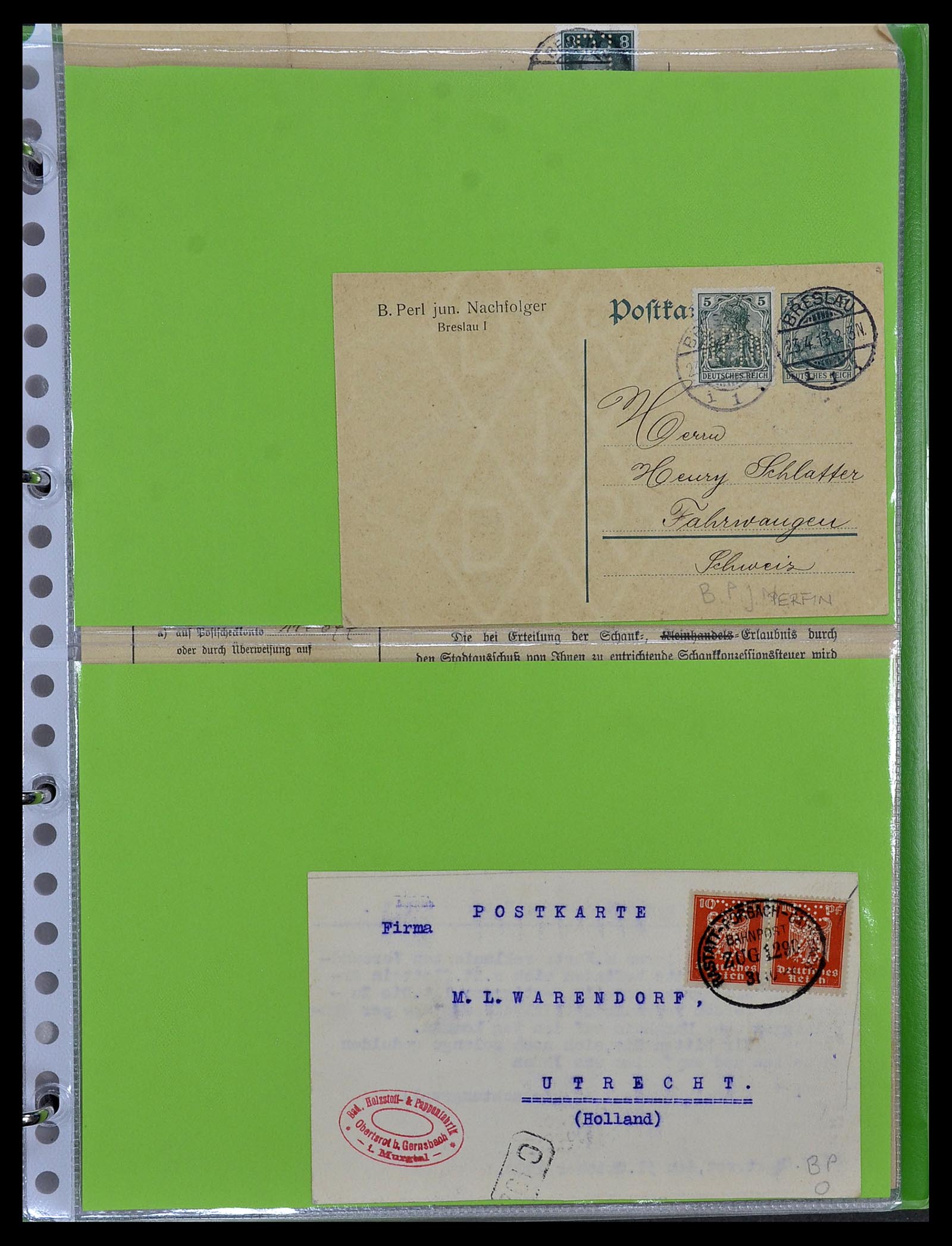 34504 025 - Stamp Collection 34504 Germany perfins on cover 1907-1936.