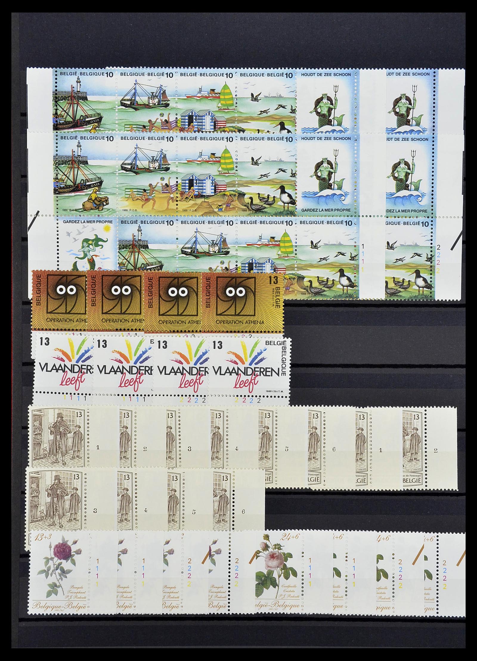34524 074 - Postzegelverzameling 34524 België plaat en etsingnummers 1963-1990.