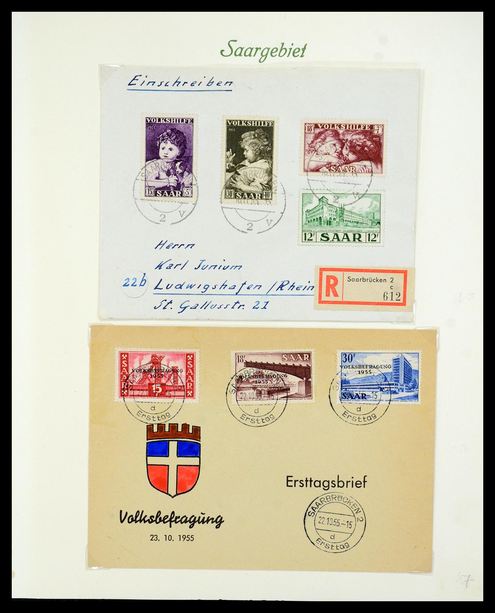 35483 009 - Postzegelverzameling 35483 Saar brieven en FDC's 1948-1959.