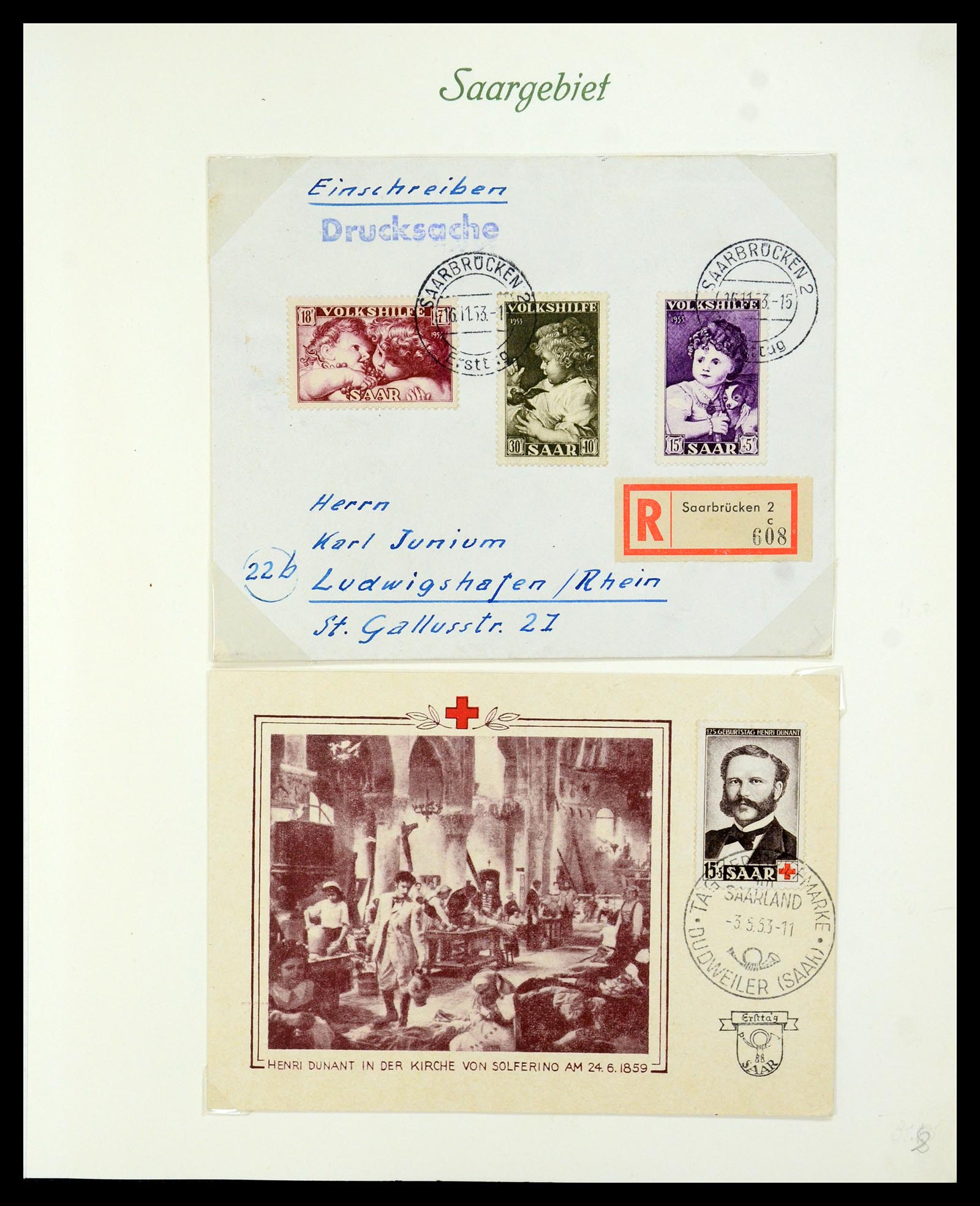 35483 010 - Postzegelverzameling 35483 Saar brieven en FDC's 1948-1959.