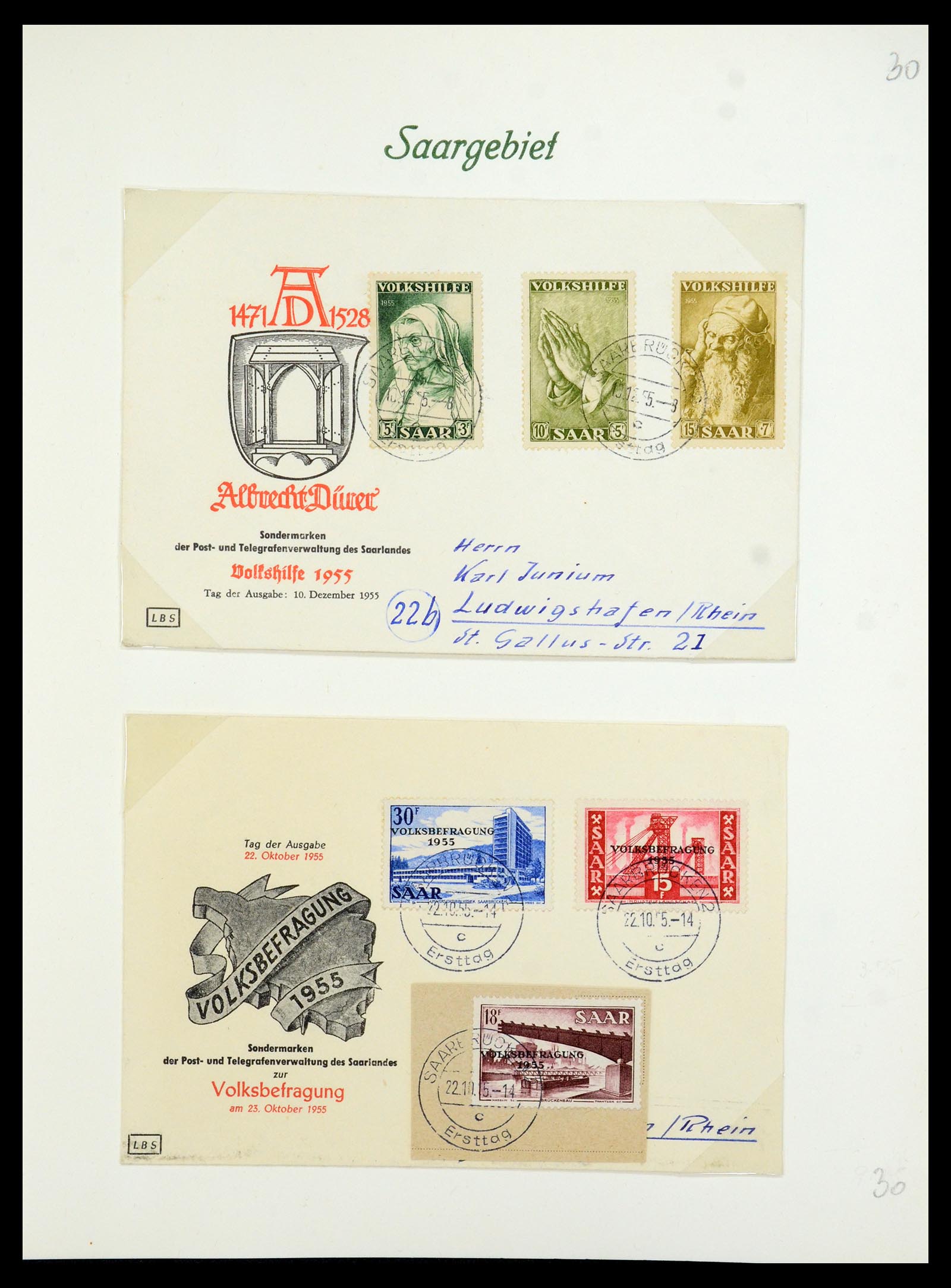 35483 033 - Postzegelverzameling 35483 Saar brieven en FDC's 1948-1959.