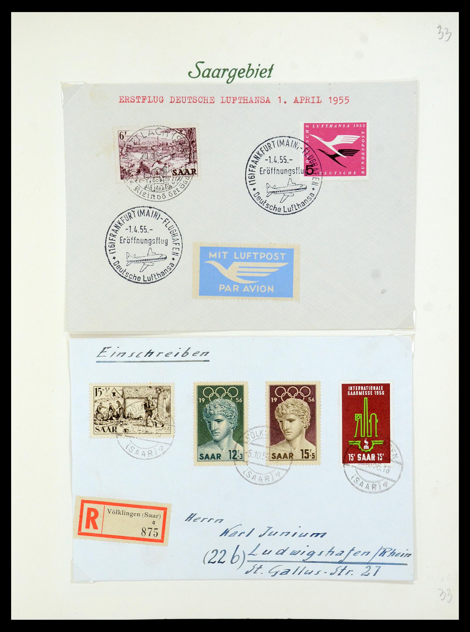 35483 037 - Postzegelverzameling 35483 Saar brieven en FDC's 1948-1959.