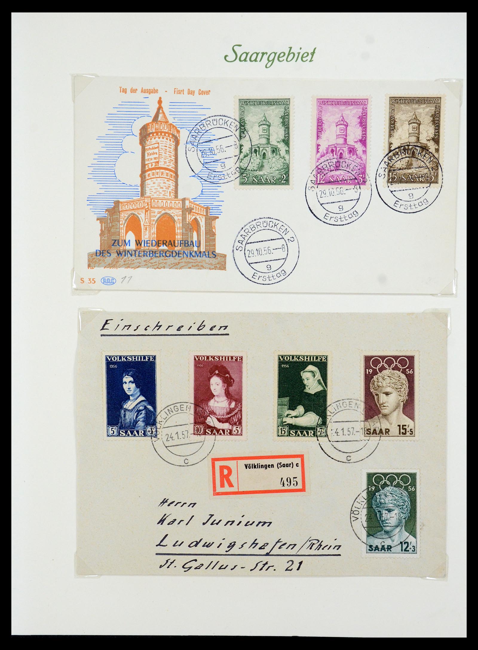 35483 047 - Postzegelverzameling 35483 Saar brieven en FDC's 1948-1959.