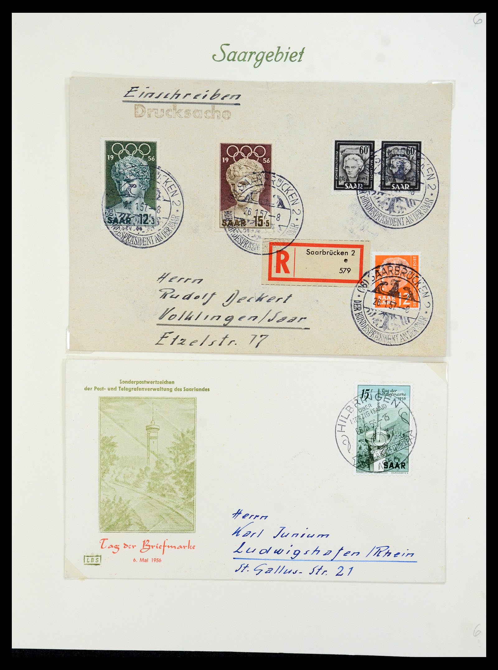 35483 052 - Postzegelverzameling 35483 Saar brieven en FDC's 1948-1959.