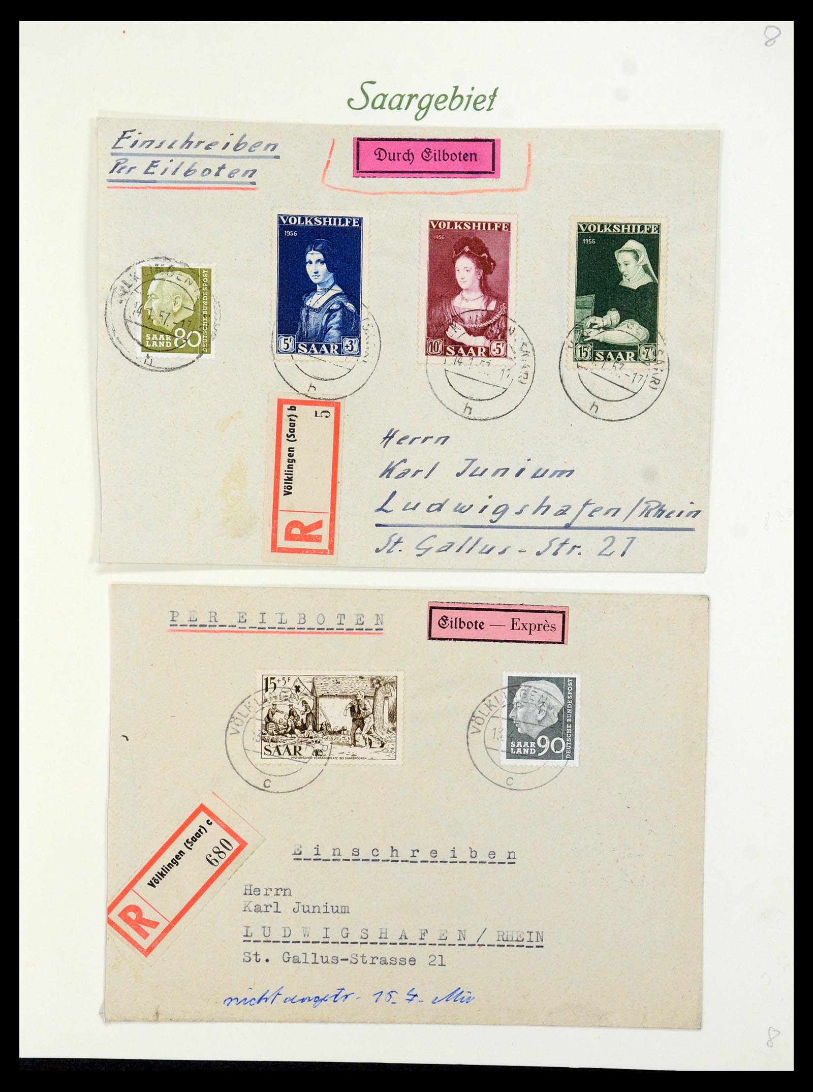 35483 054 - Postzegelverzameling 35483 Saar brieven en FDC's 1948-1959.