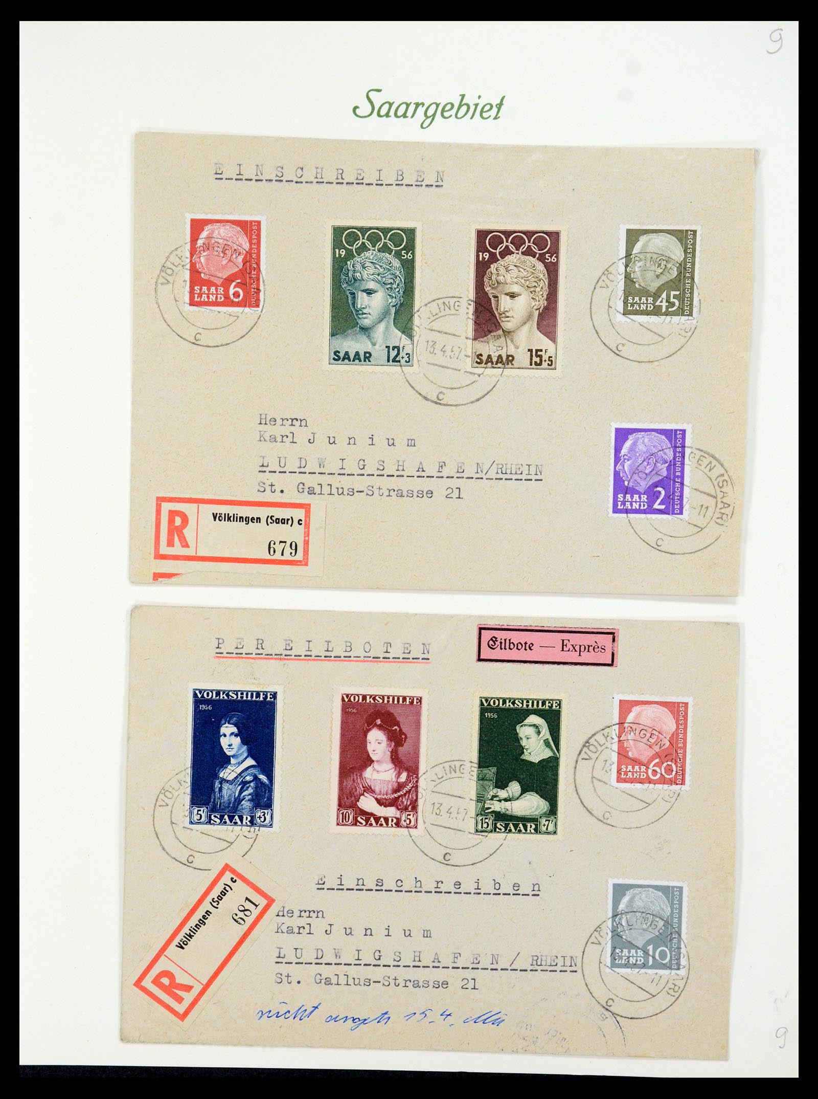35483 055 - Postzegelverzameling 35483 Saar brieven en FDC's 1948-1959.