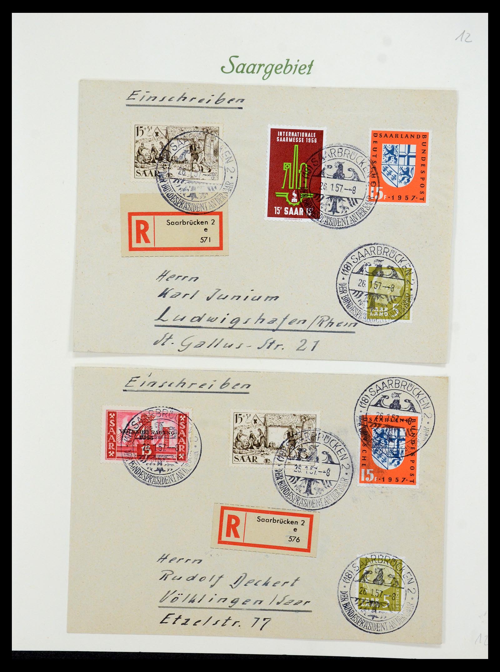 35483 058 - Postzegelverzameling 35483 Saar brieven en FDC's 1948-1959.