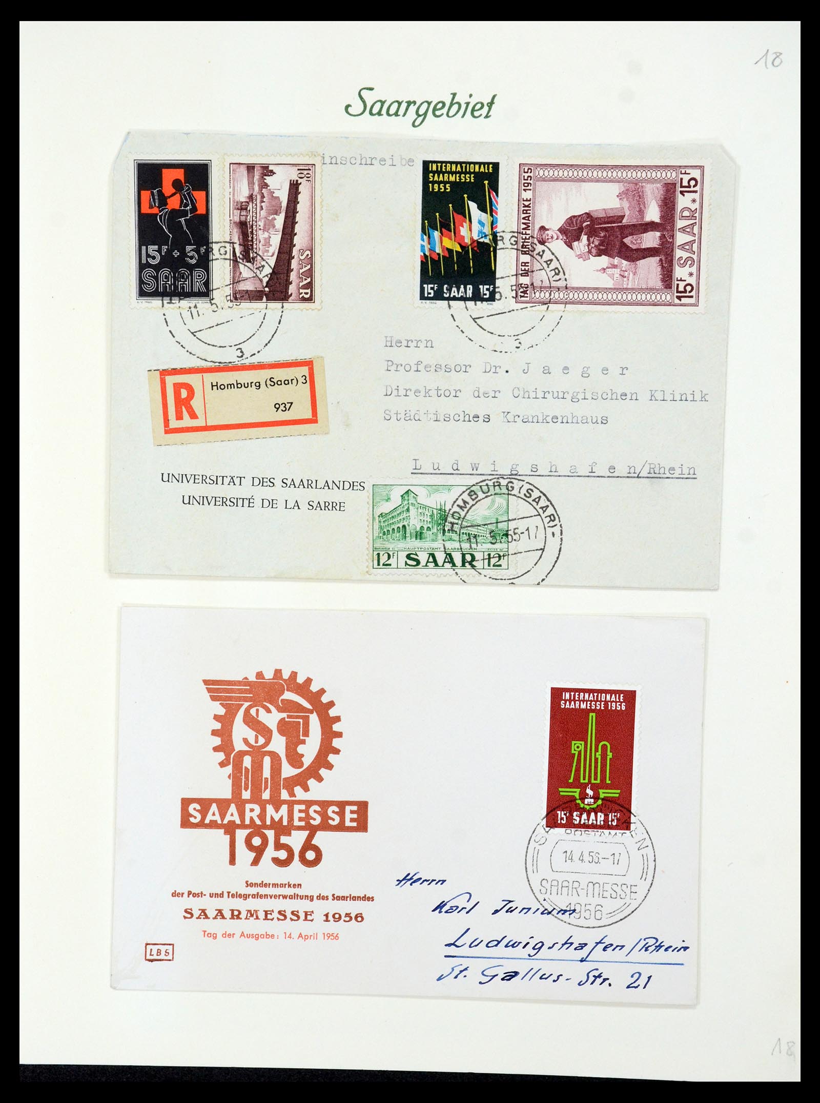 35483 063 - Postzegelverzameling 35483 Saar brieven en FDC's 1948-1959.