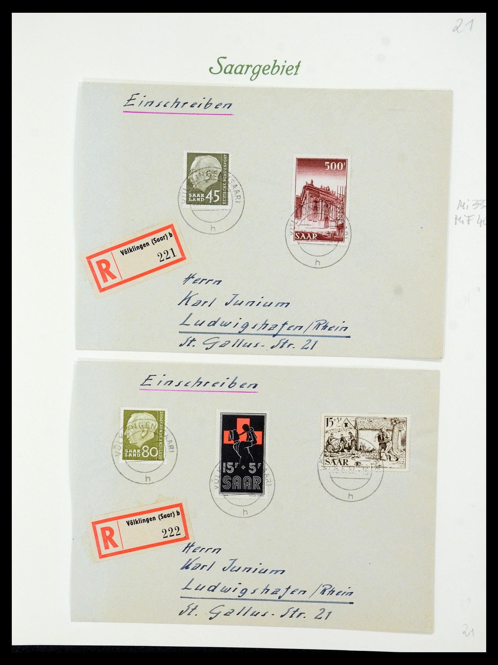 35483 066 - Postzegelverzameling 35483 Saar brieven en FDC's 1948-1959.
