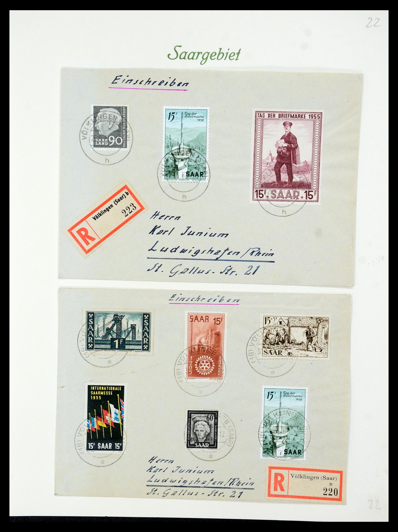 35483 067 - Postzegelverzameling 35483 Saar brieven en FDC's 1948-1959.