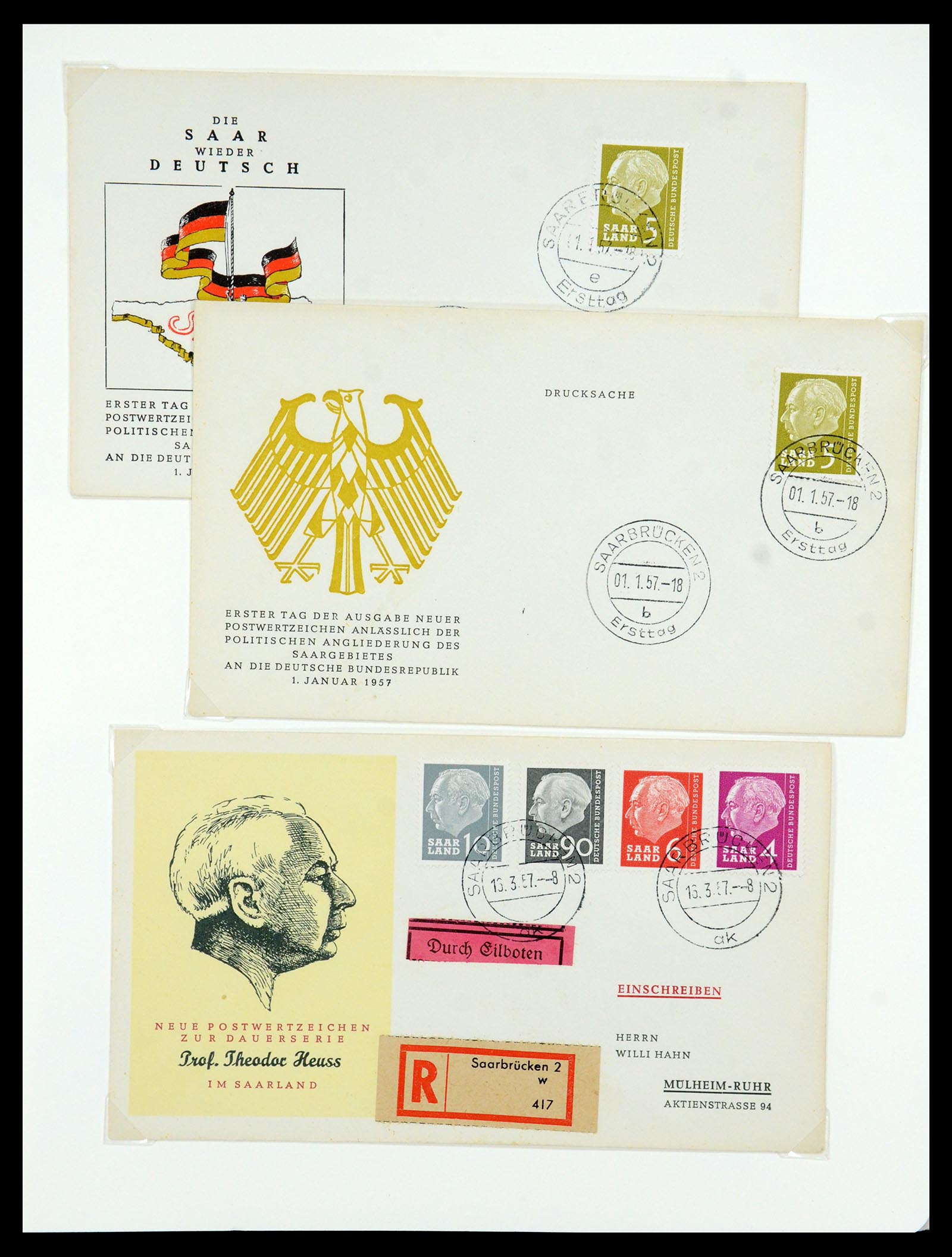 35483 079 - Postzegelverzameling 35483 Saar brieven en FDC's 1948-1959.