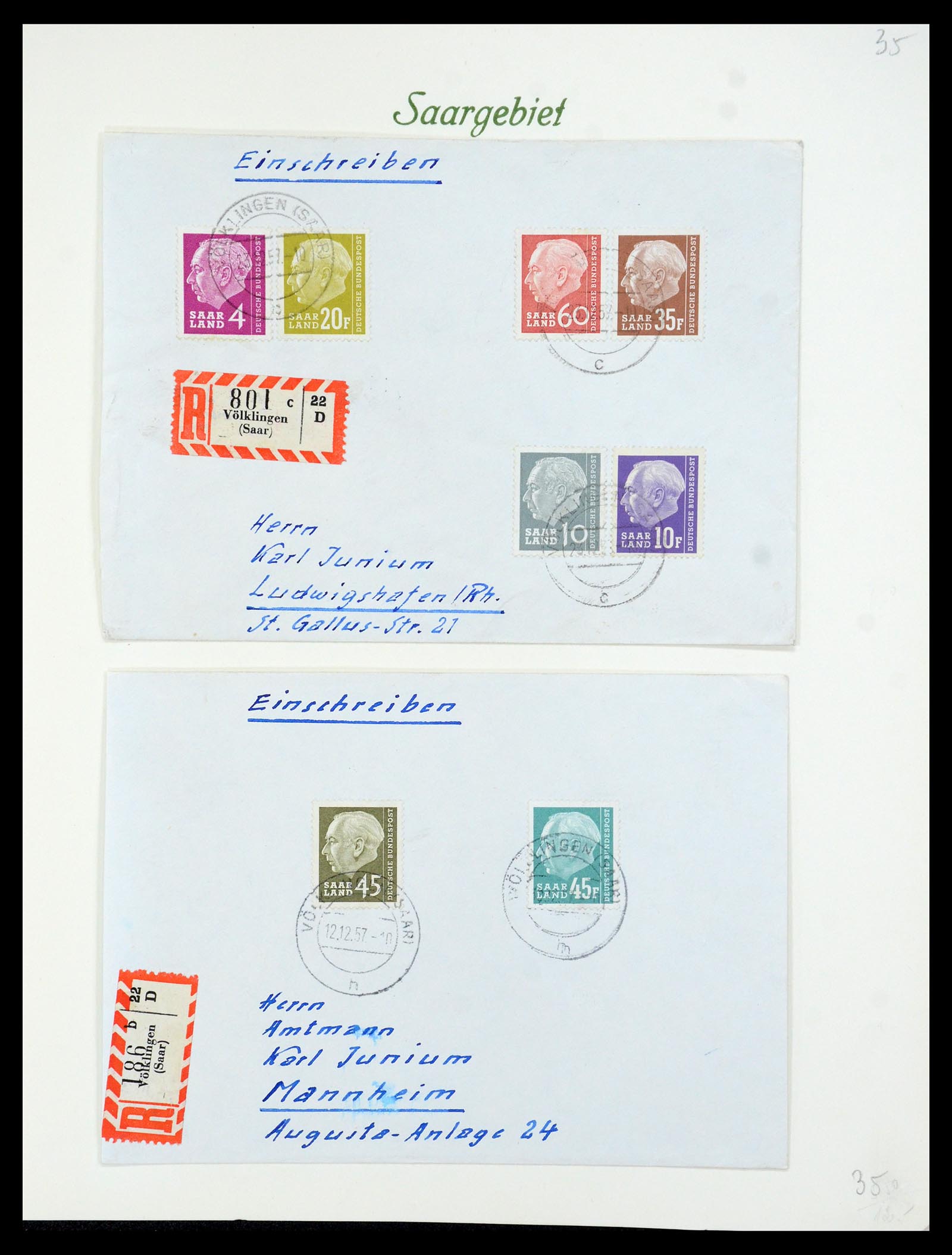 35483 082 - Postzegelverzameling 35483 Saar brieven en FDC's 1948-1959.