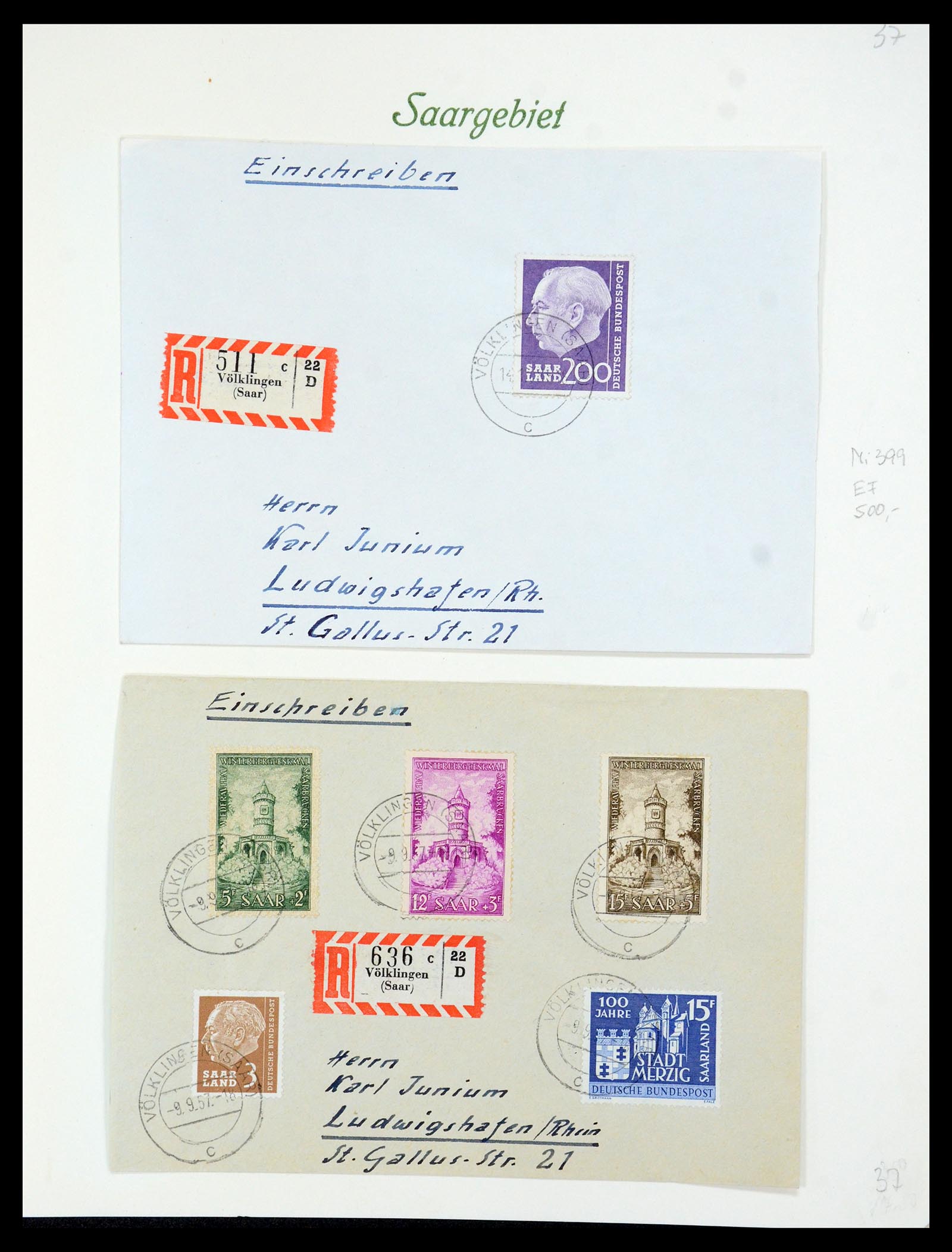 35483 084 - Postzegelverzameling 35483 Saar brieven en FDC's 1948-1959.