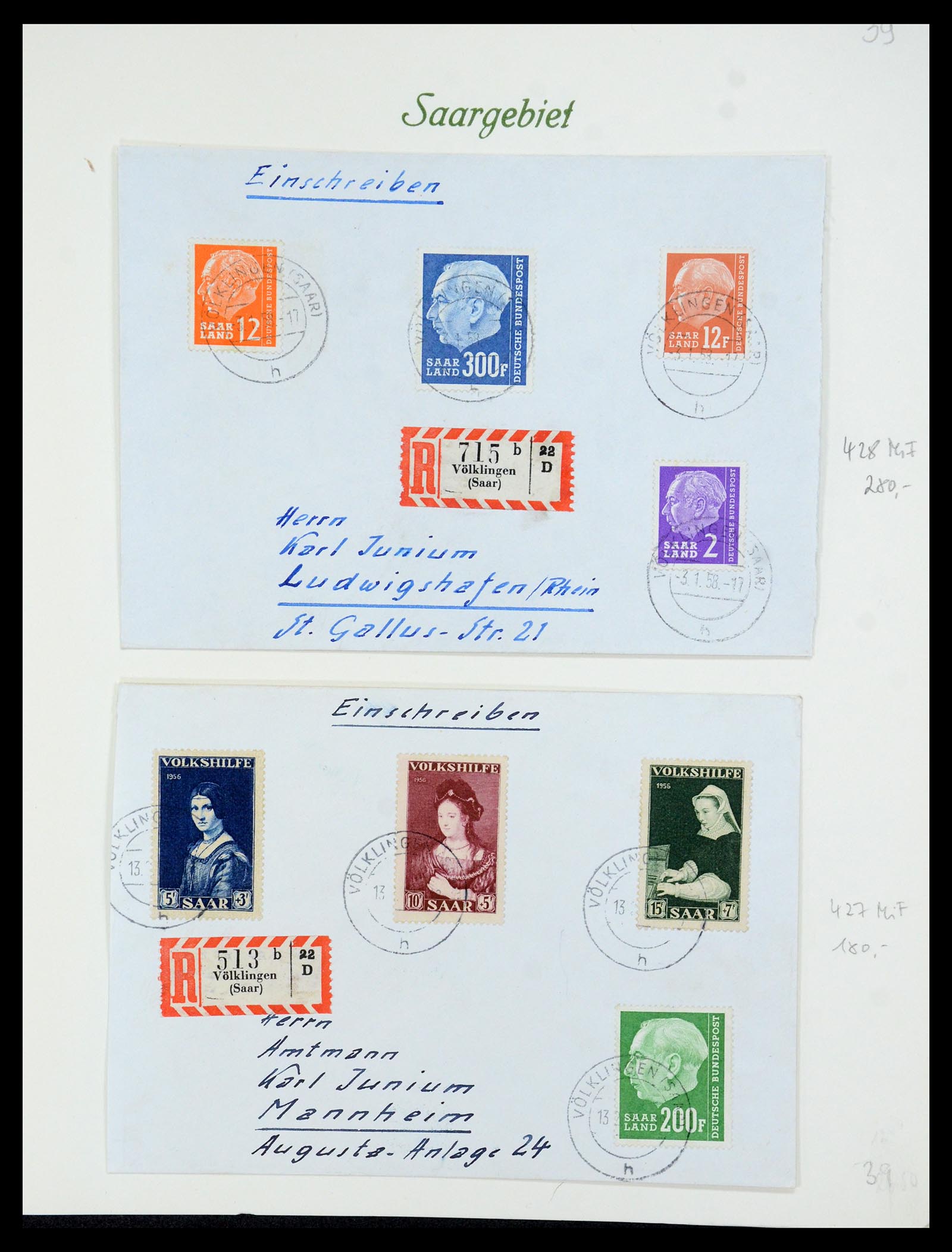 35483 086 - Postzegelverzameling 35483 Saar brieven en FDC's 1948-1959.