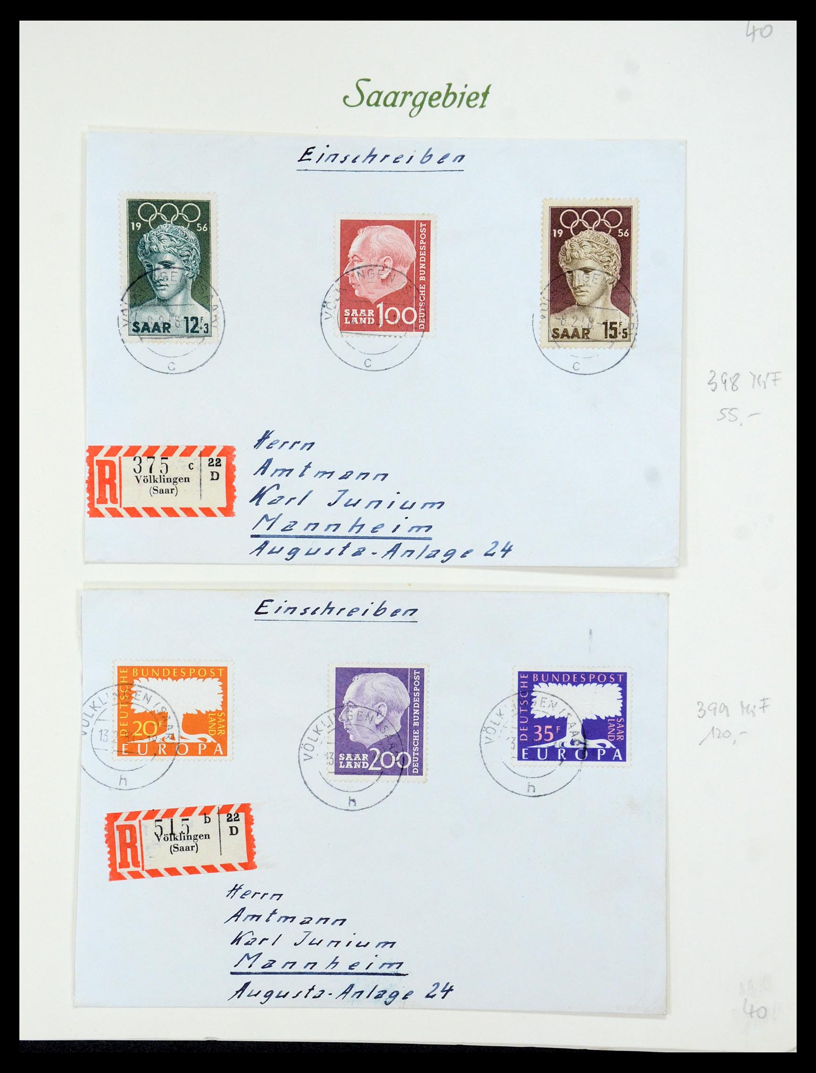 35483 087 - Postzegelverzameling 35483 Saar brieven en FDC's 1948-1959.