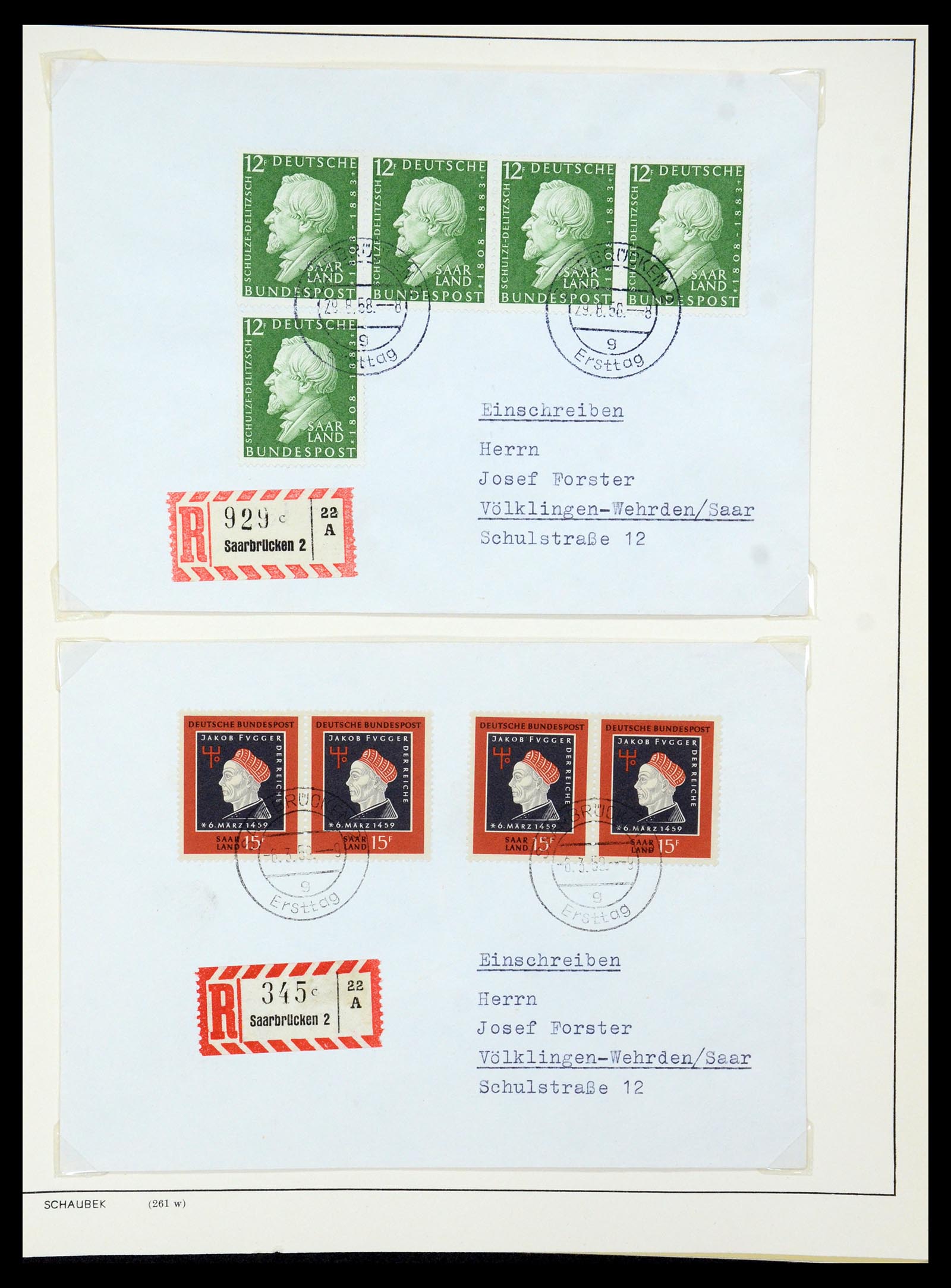35483 098 - Postzegelverzameling 35483 Saar brieven en FDC's 1948-1959.