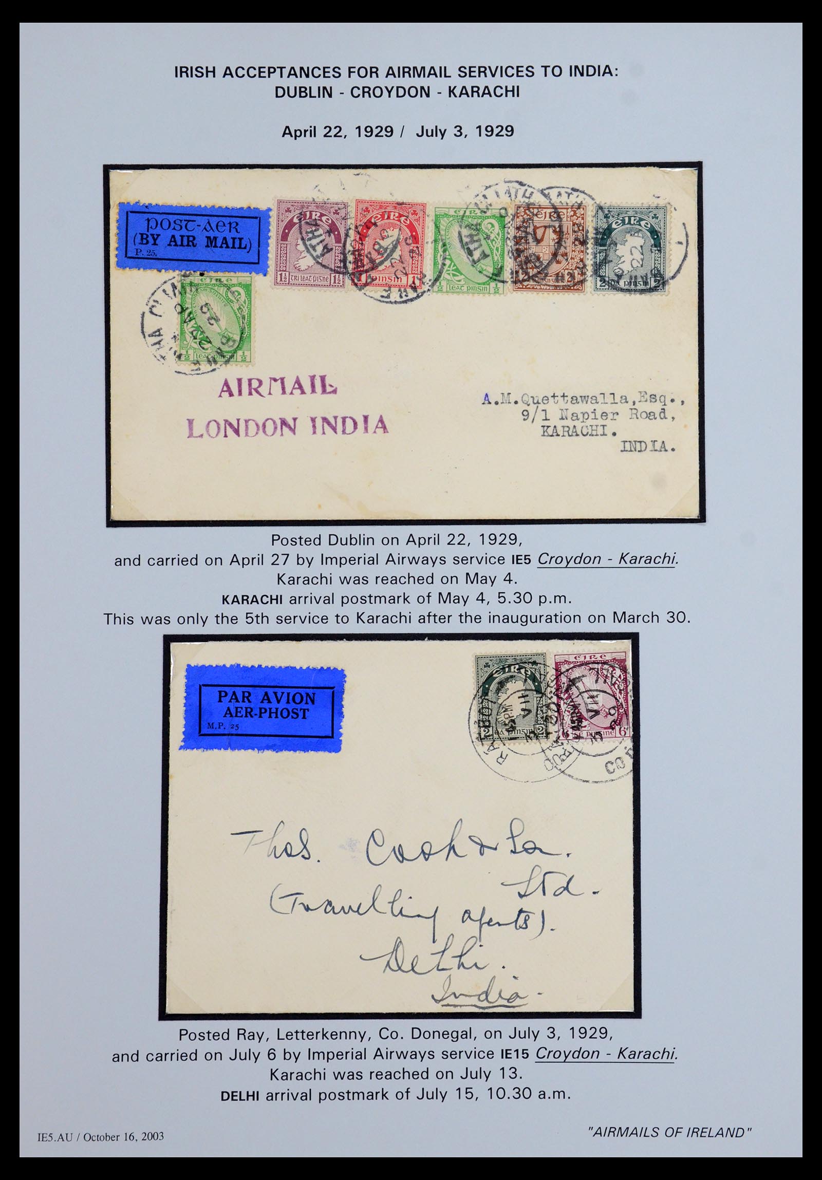 35994 002 - Postzegelverzameling 35994 Ierland luchtpost brieven 1929-1932.