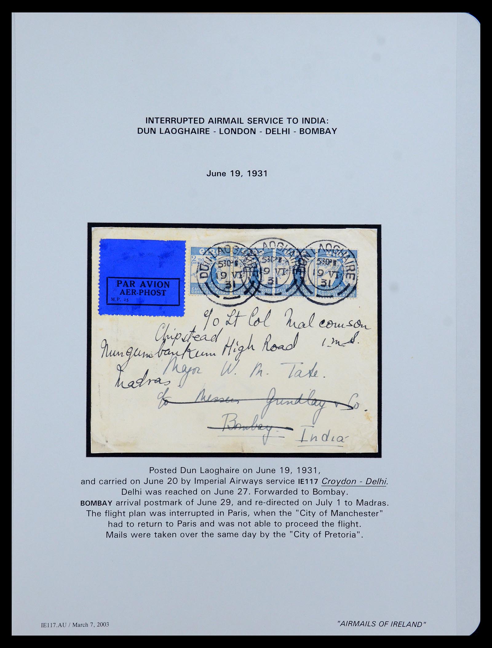 35994 027 - Postzegelverzameling 35994 Ierland luchtpost brieven 1929-1932.