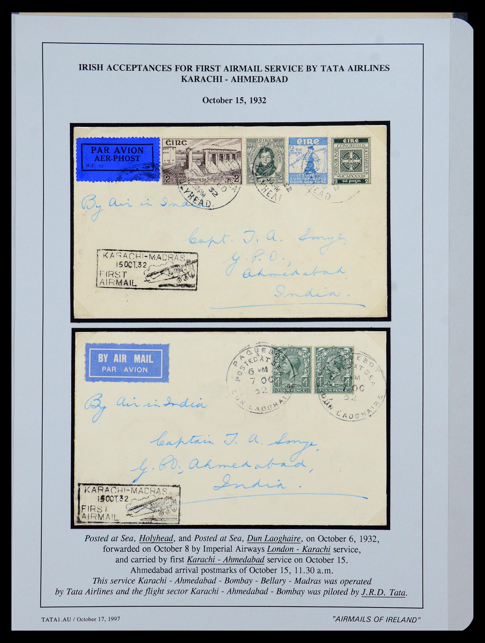 35994 035 - Postzegelverzameling 35994 Ierland luchtpost brieven 1929-1932.