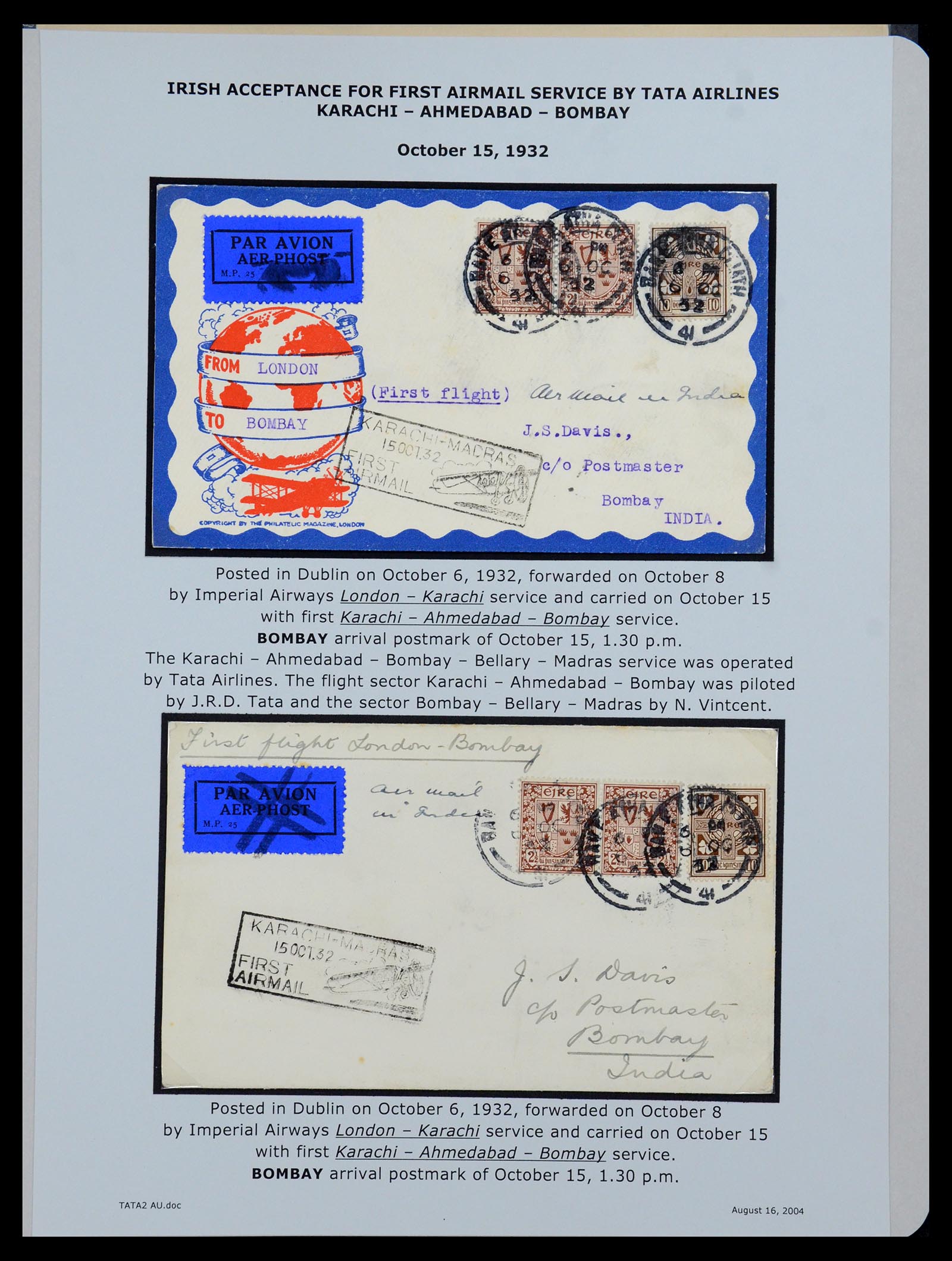 35994 037 - Postzegelverzameling 35994 Ierland luchtpost brieven 1929-1932.