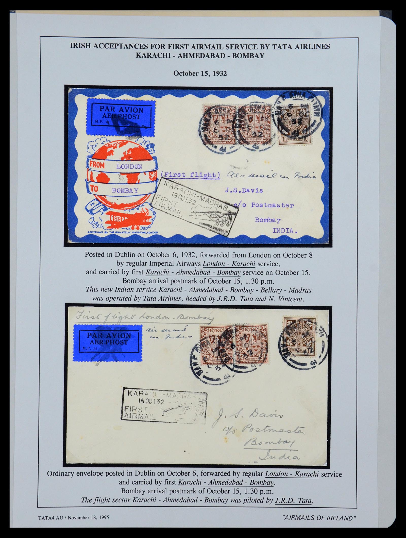 35994 038 - Postzegelverzameling 35994 Ierland luchtpost brieven 1929-1932.
