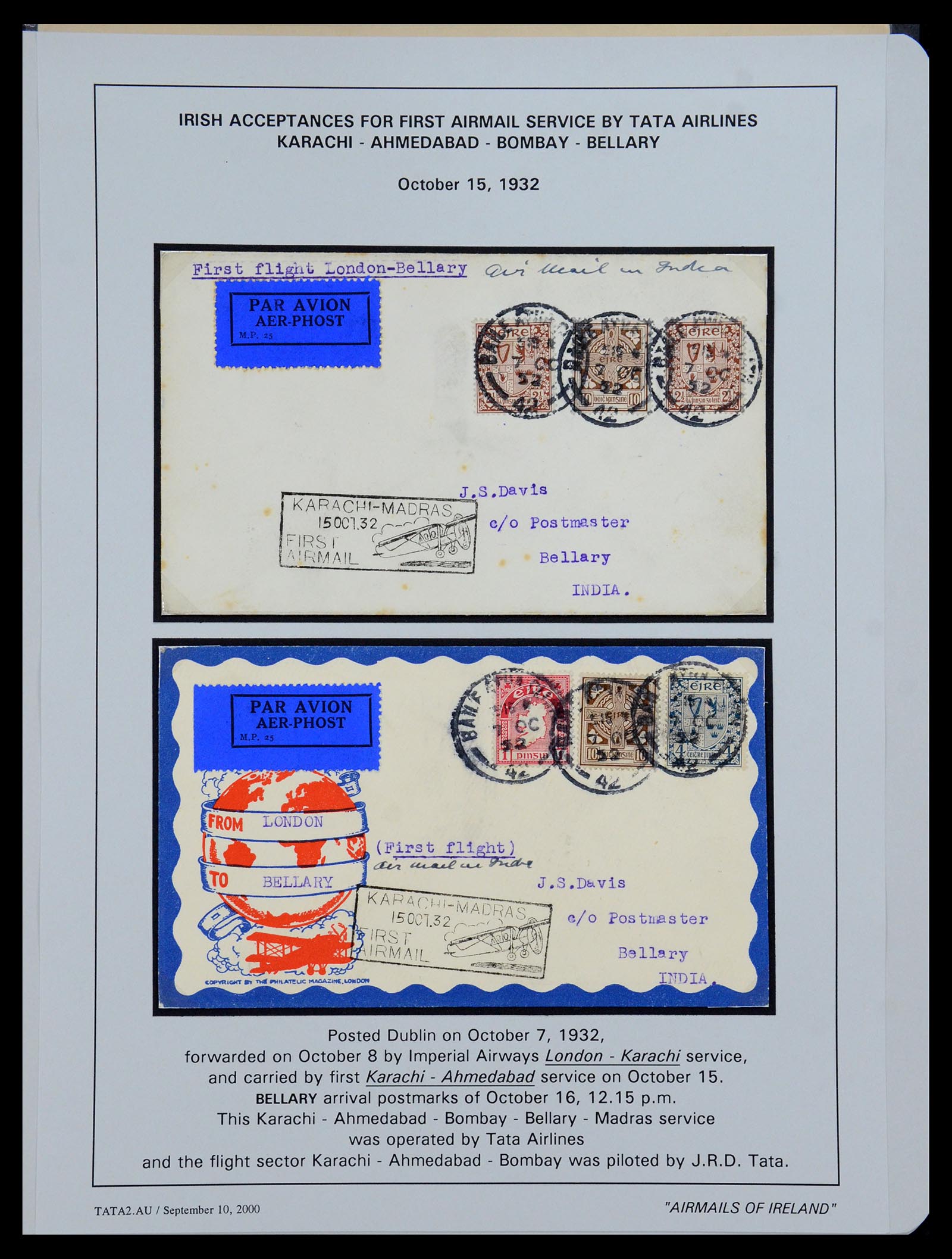 35994 040 - Postzegelverzameling 35994 Ierland luchtpost brieven 1929-1932.