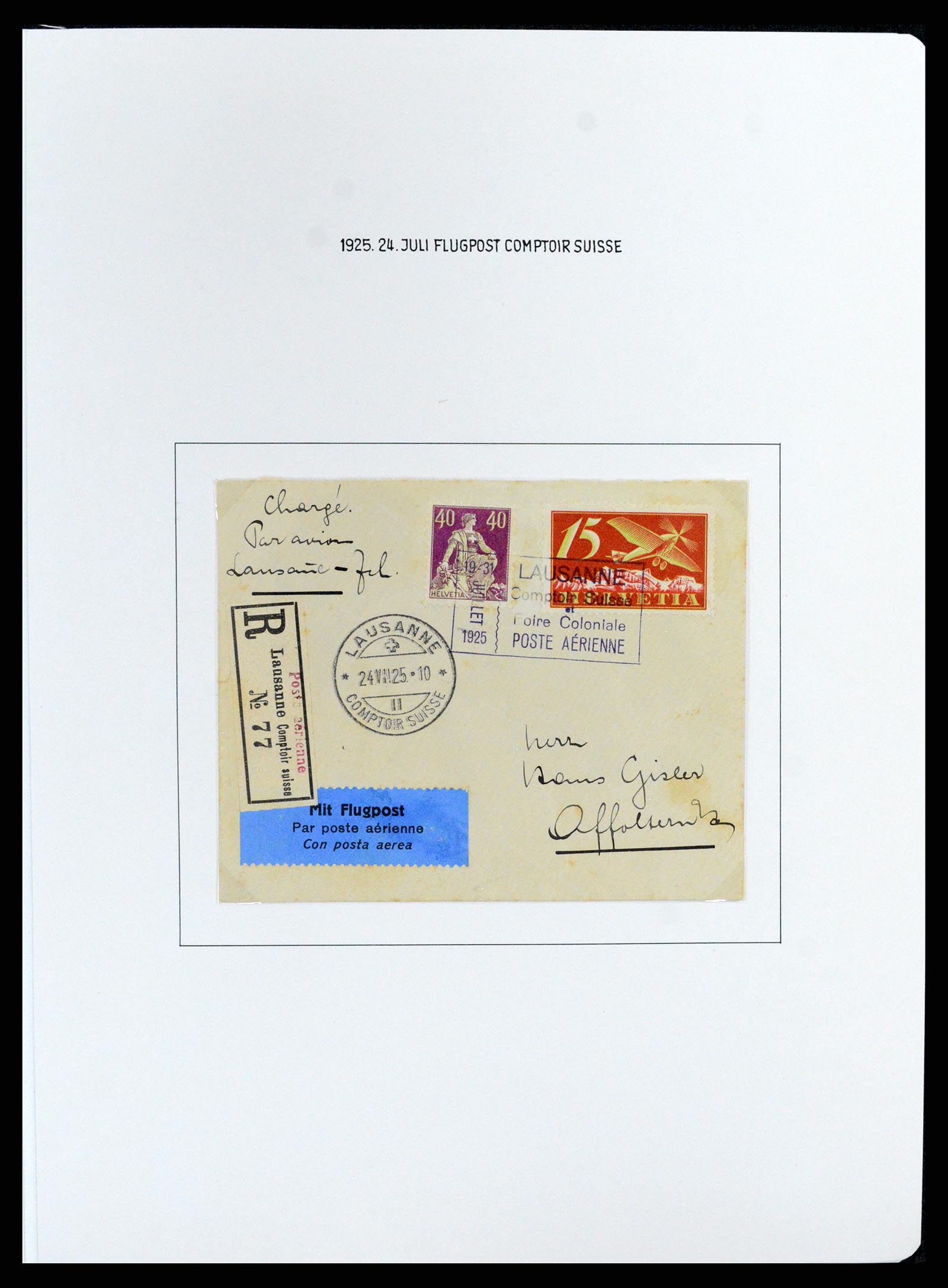 37700 068 - Postzegelverzameling 37700 Zwitserland luchtpost brieven collectie 1922-1960.