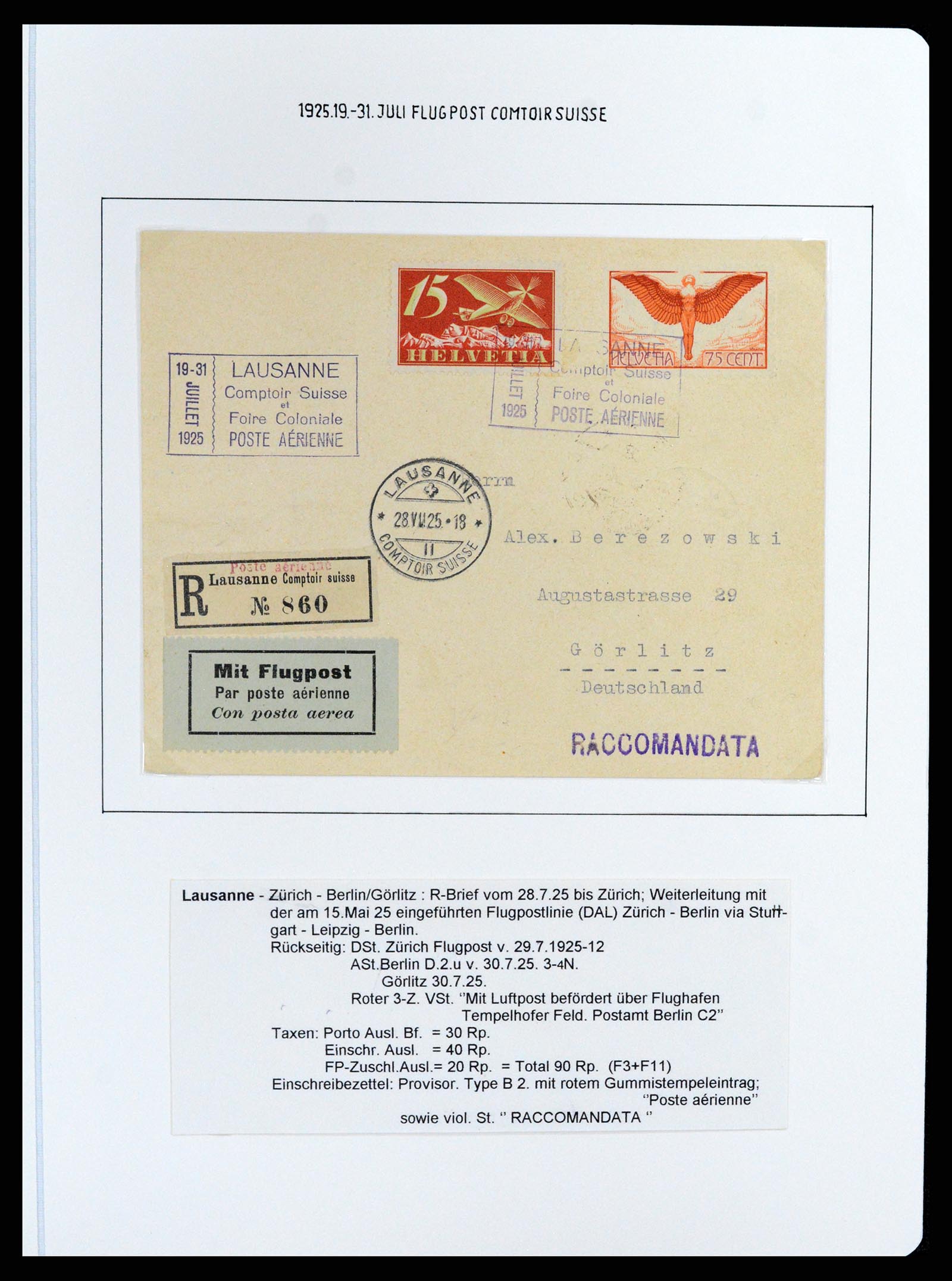 37700 072 - Postzegelverzameling 37700 Zwitserland luchtpost brieven collectie 1922-1960.