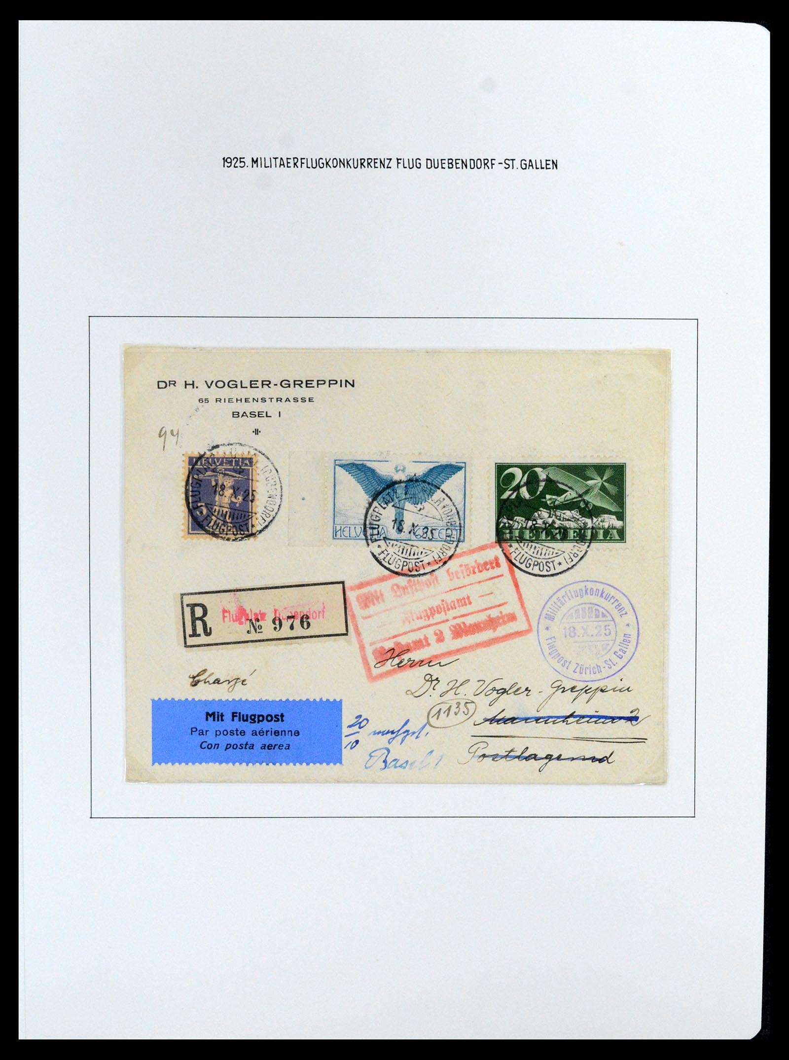 37700 094 - Postzegelverzameling 37700 Zwitserland luchtpost brieven collectie 1922-1960.
