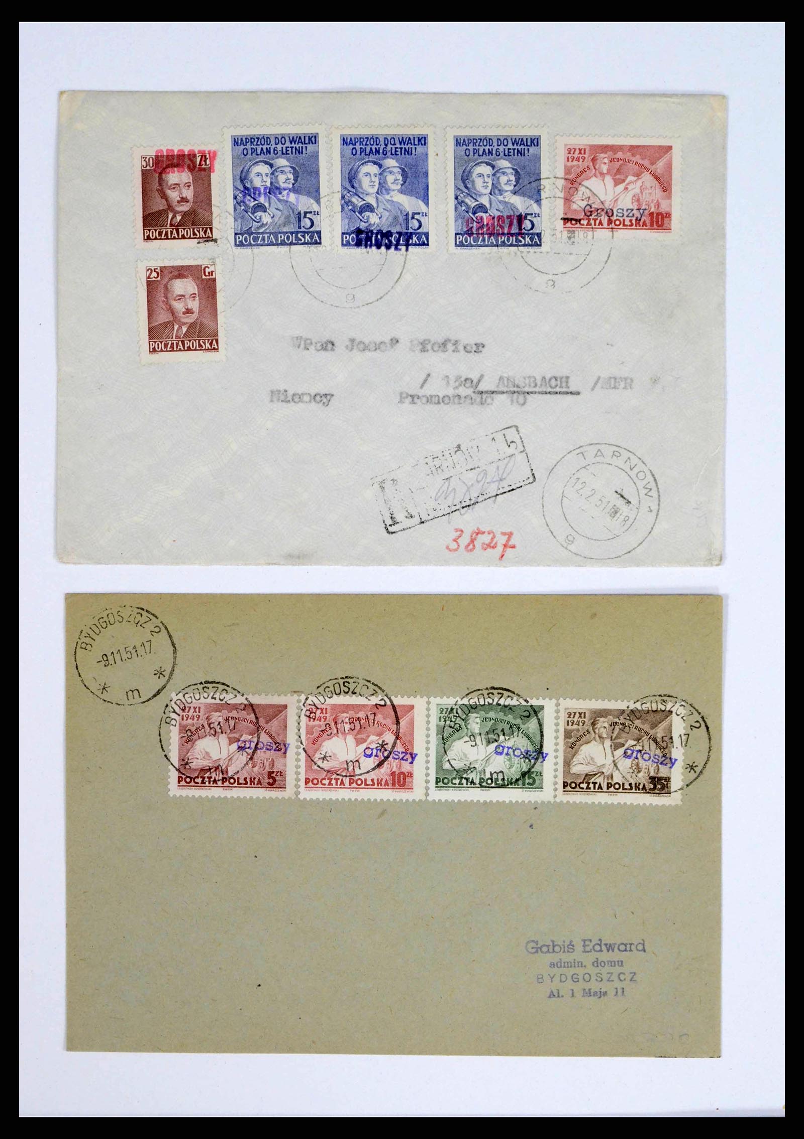 38201 0008 - Postzegelverzameling 38201 Groszy opdrukken op brief 1950-1951.