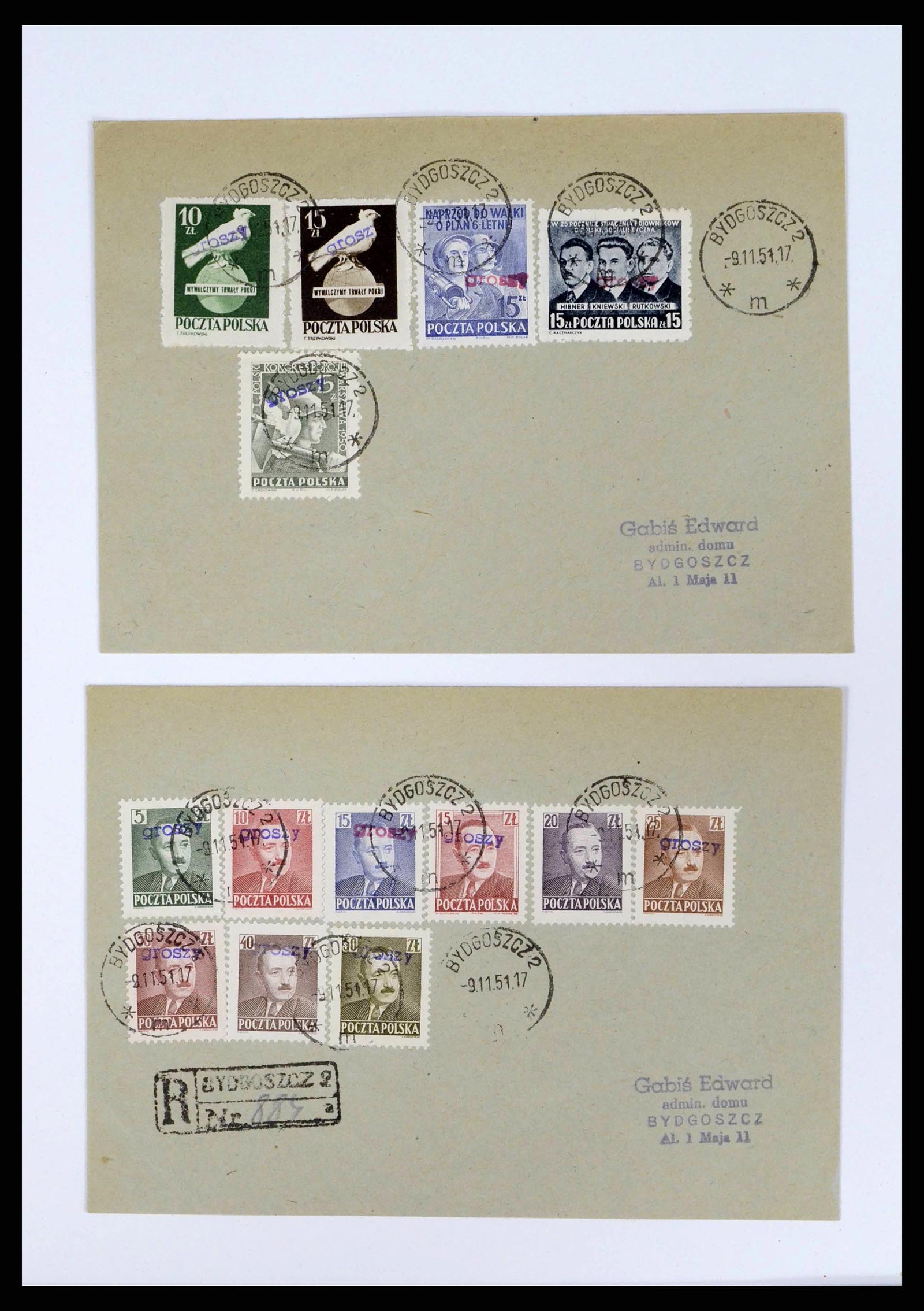 38201 0009 - Postzegelverzameling 38201 Groszy opdrukken op brief 1950-1951.