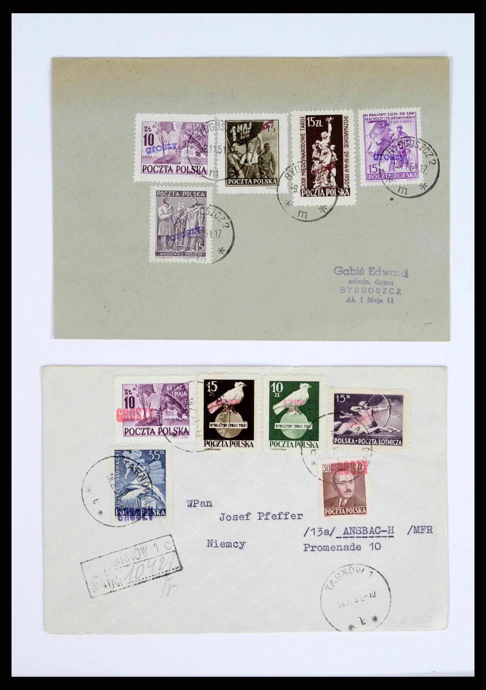 38201 0013 - Stamp collection 38201 Groszy overprints on cover 1950-1951.