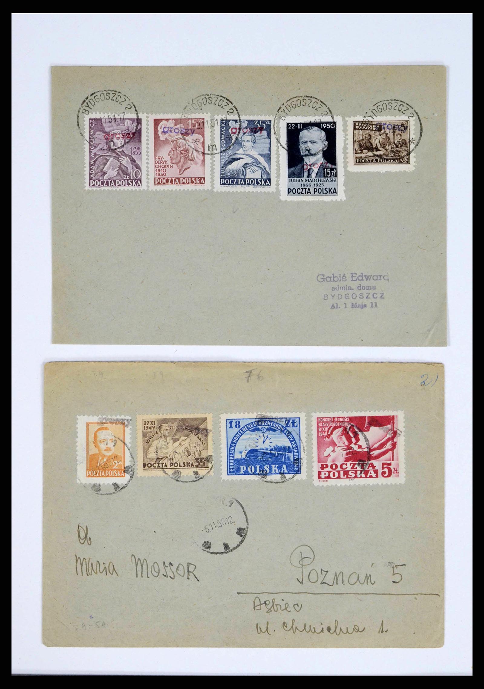 38201 0028 - Stamp collection 38201 Groszy overprints on cover 1950-1951.