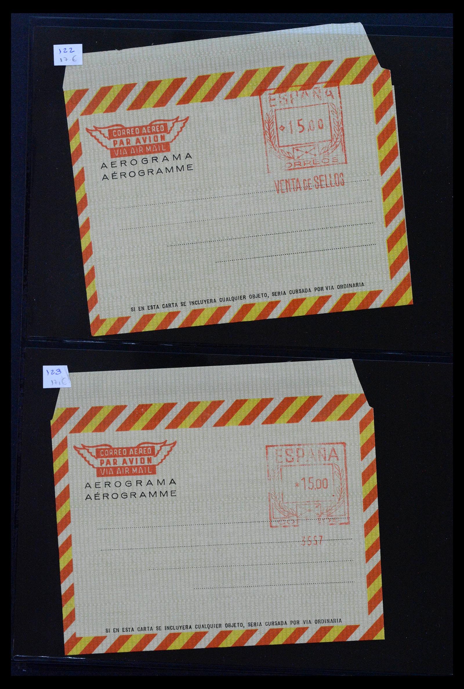38764 0056 - Postzegelverzameling 38764 Spanje aerogrammen 1940-1986.
