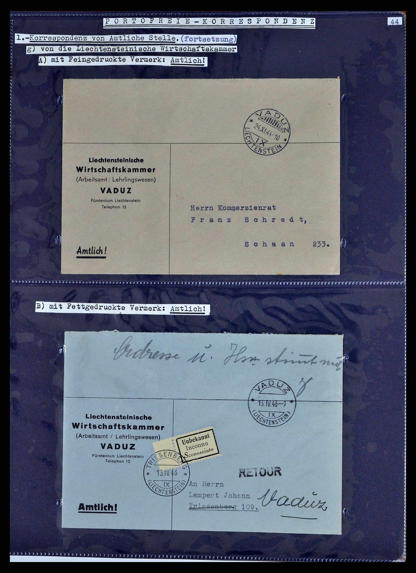 38772 0064 - Stamp collection 38772 Liechtenstein postage-free covers 1757 (!)-1946.