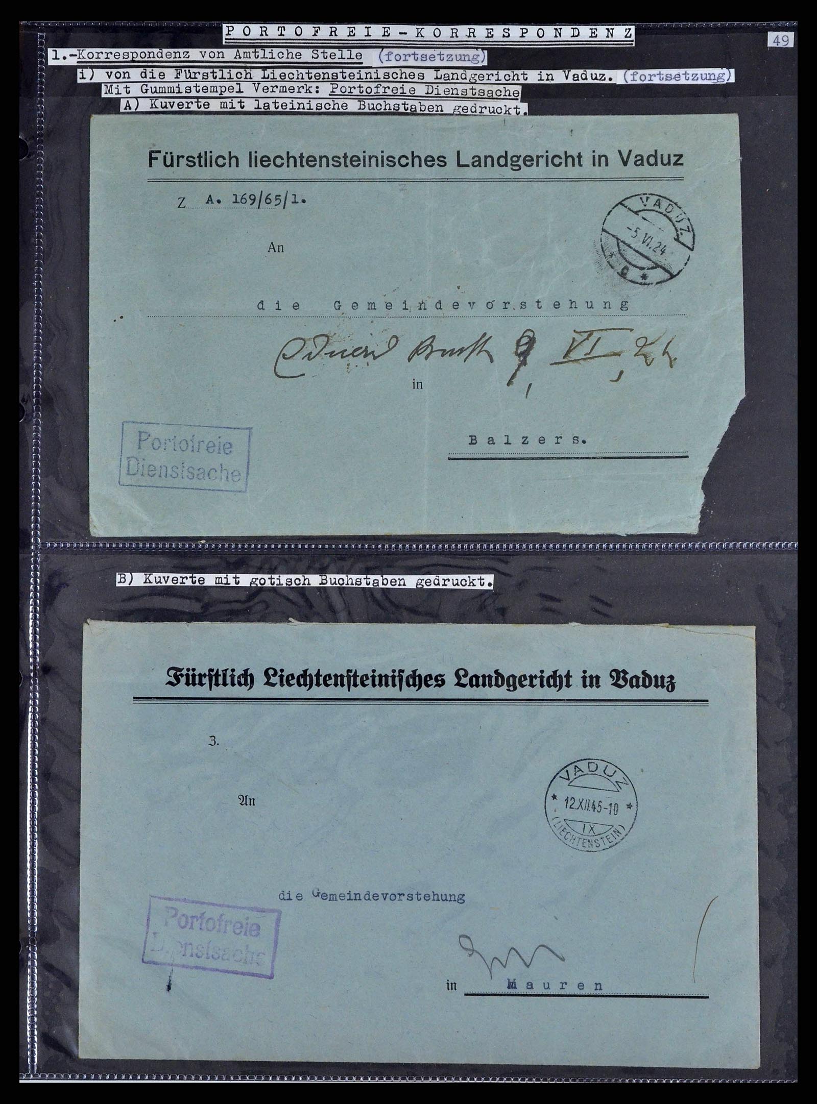38772 0069 - Stamp collection 38772 Liechtenstein postage-free covers 1757 (!)-1946.