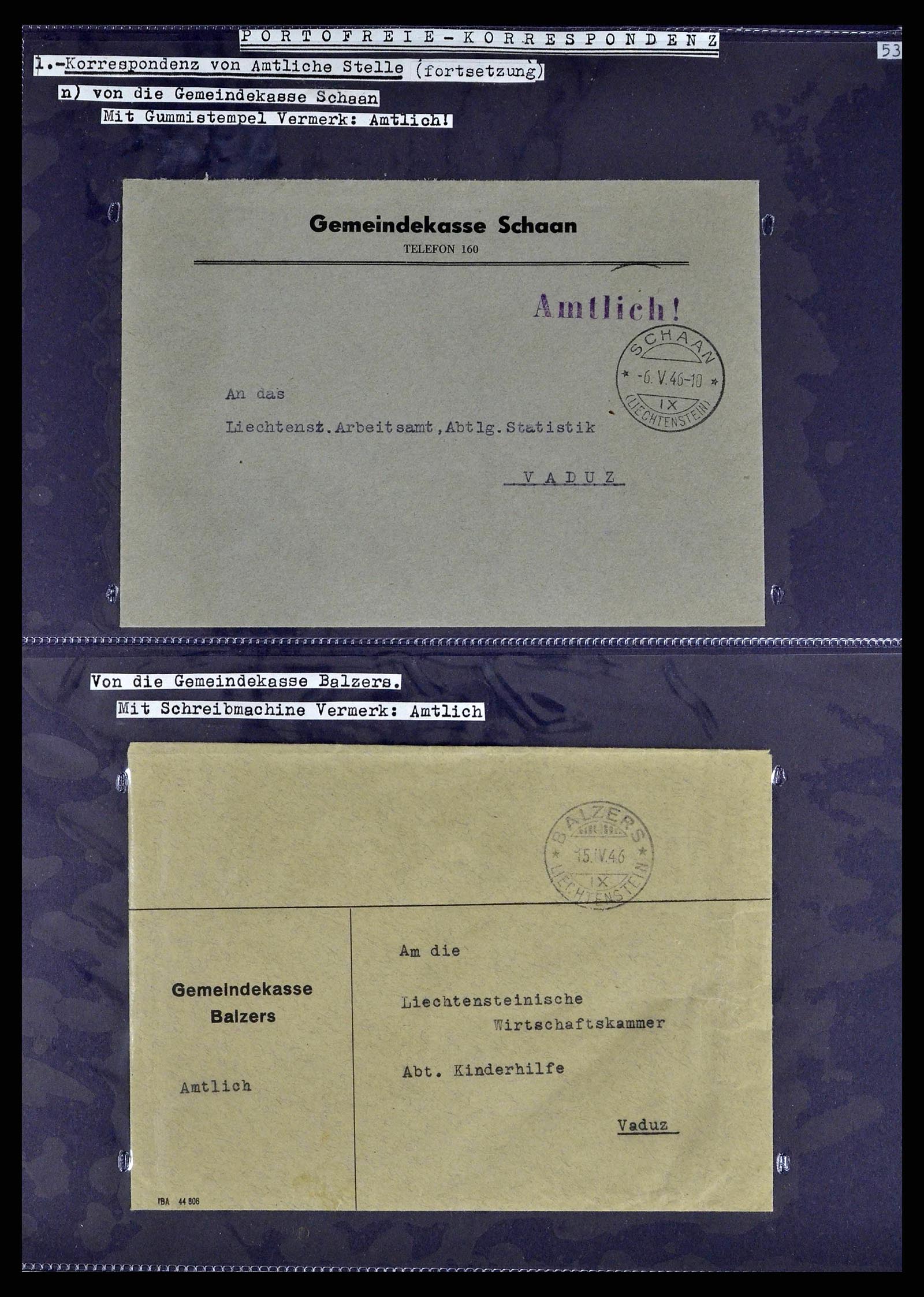 38772 0074 - Stamp collection 38772 Liechtenstein postage-free covers 1757 (!)-1946.