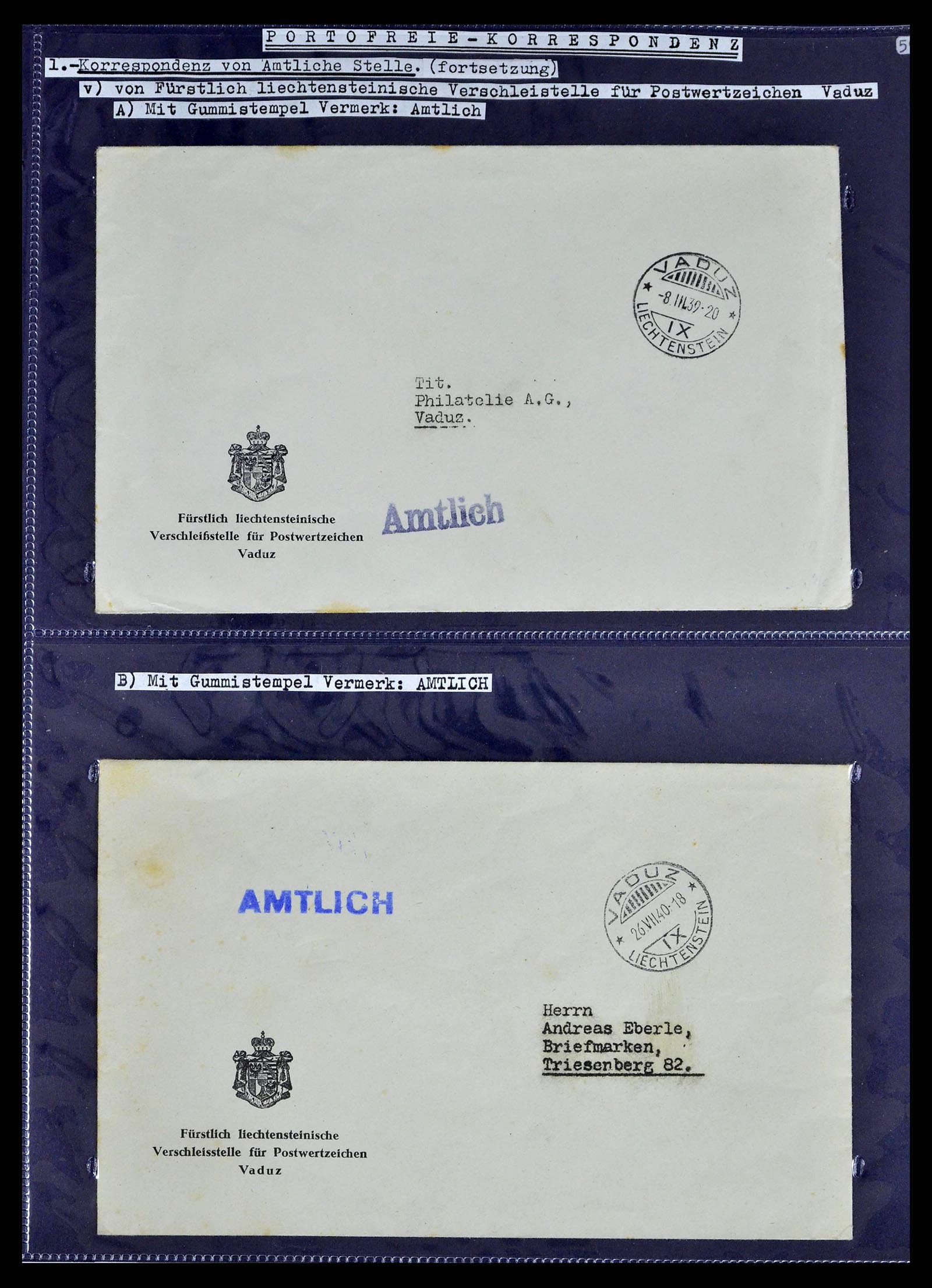 38772 0080 - Stamp collection 38772 Liechtenstein postage-free covers 1757 (!)-1946.