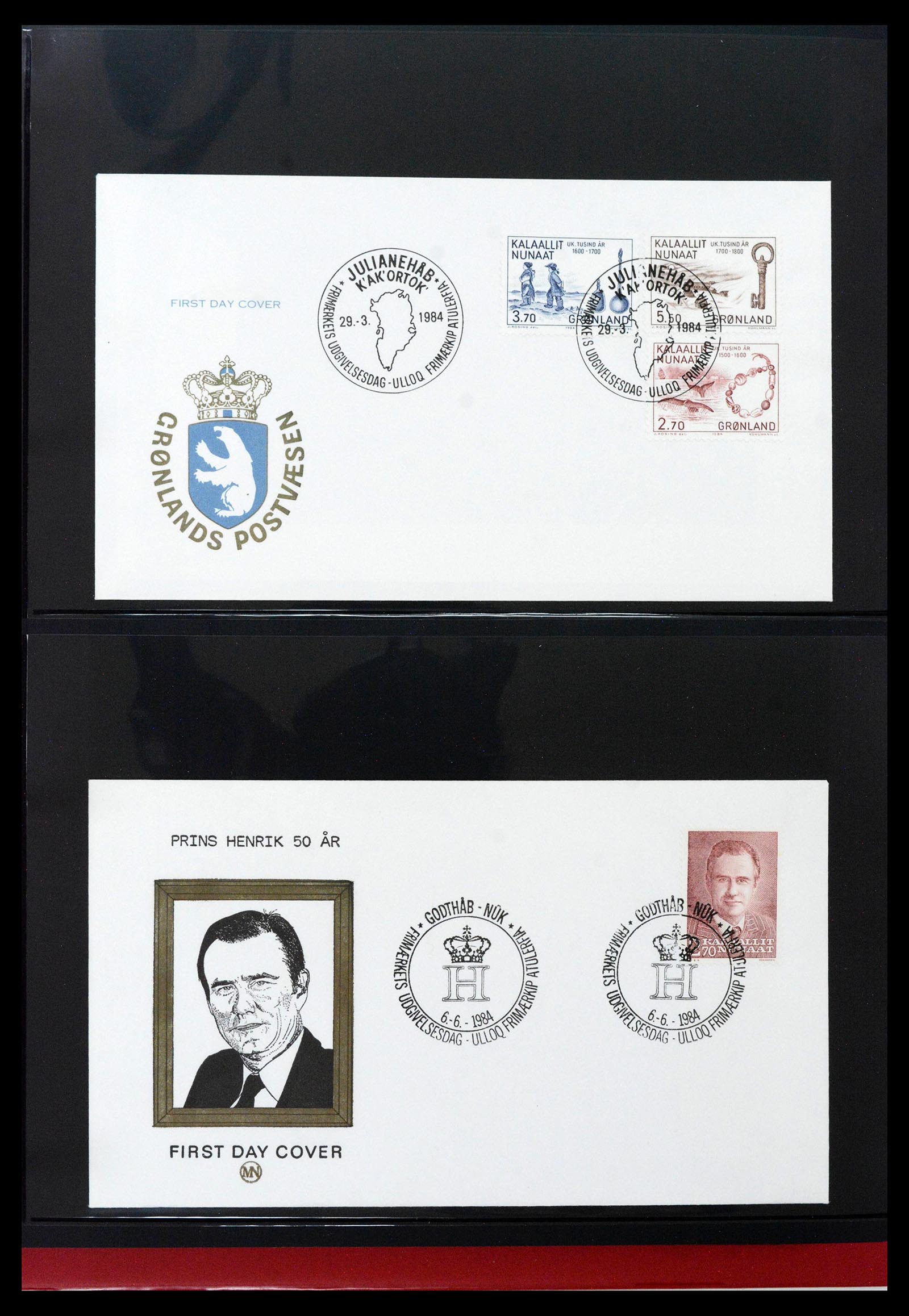 38824 0048 - Postzegelverzameling 38824 Groenland FDC's 1950-2017.