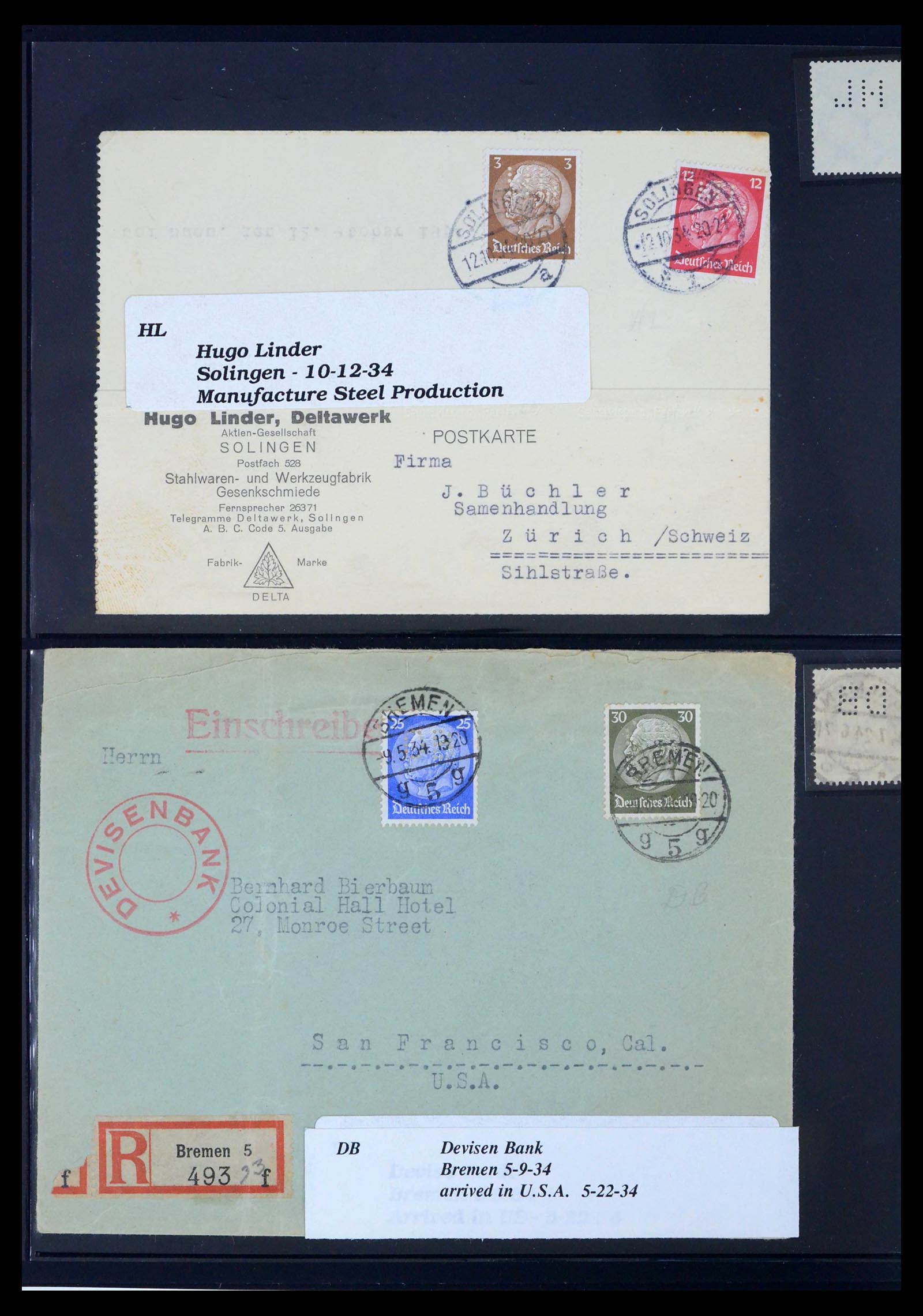39464 0363 - Postzegelverzameling 39464 Duitse Rijk perfins op brief 1886-1943.