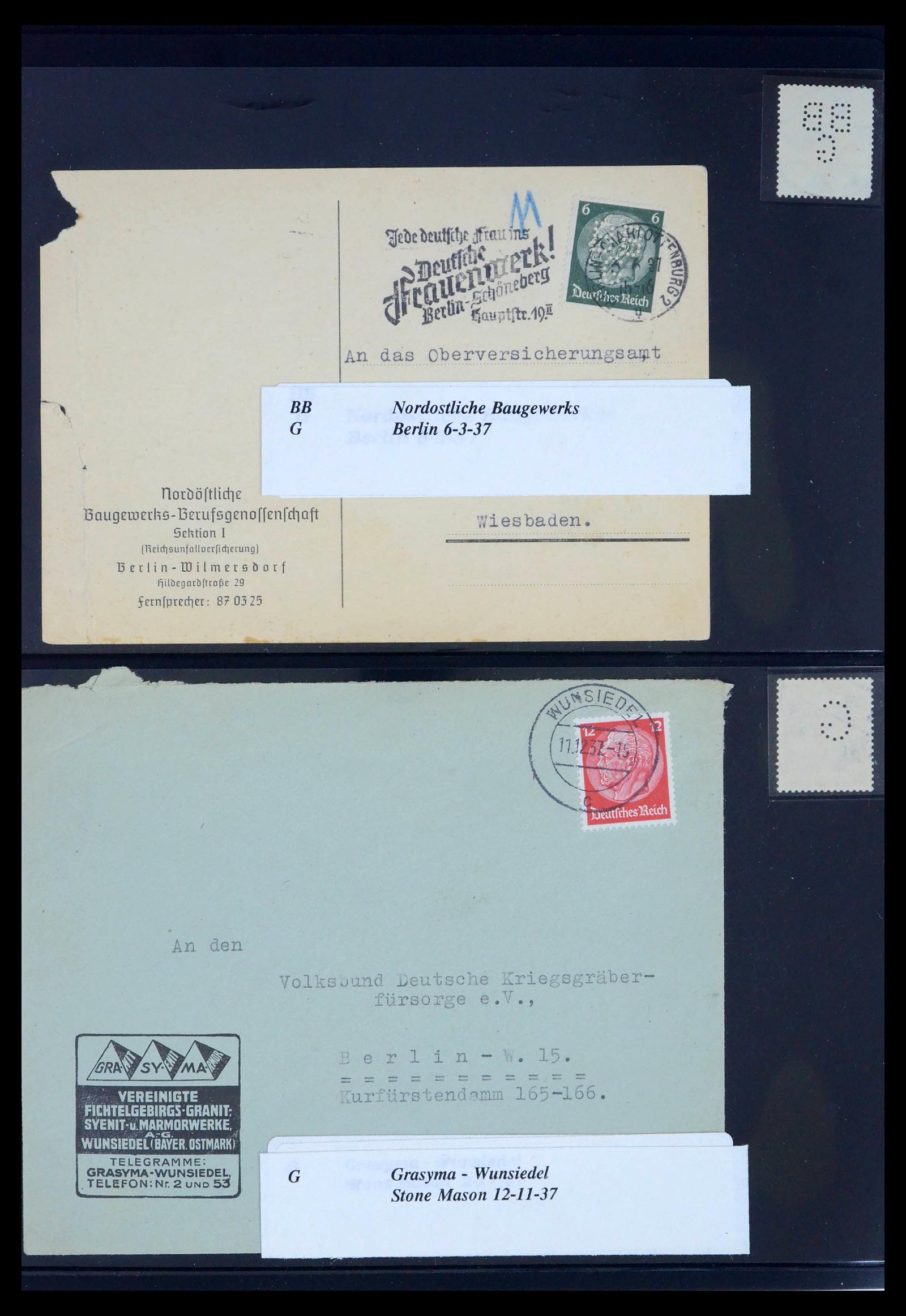 39464 0367 - Postzegelverzameling 39464 Duitse Rijk perfins op brief 1886-1943.