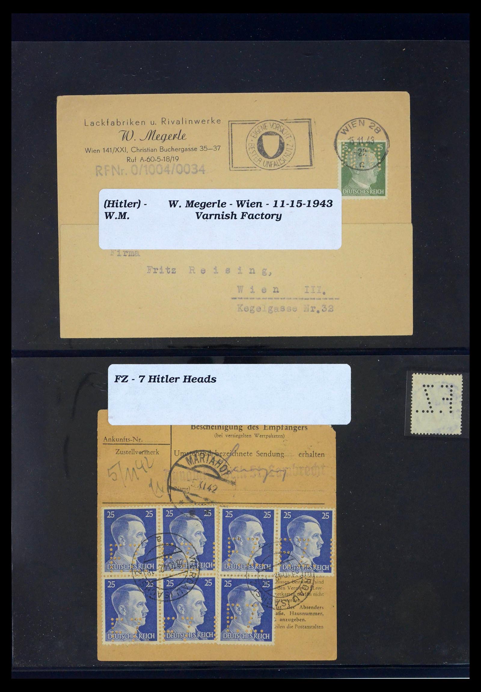 39464 0370 - Postzegelverzameling 39464 Duitse Rijk perfins op brief 1886-1943.